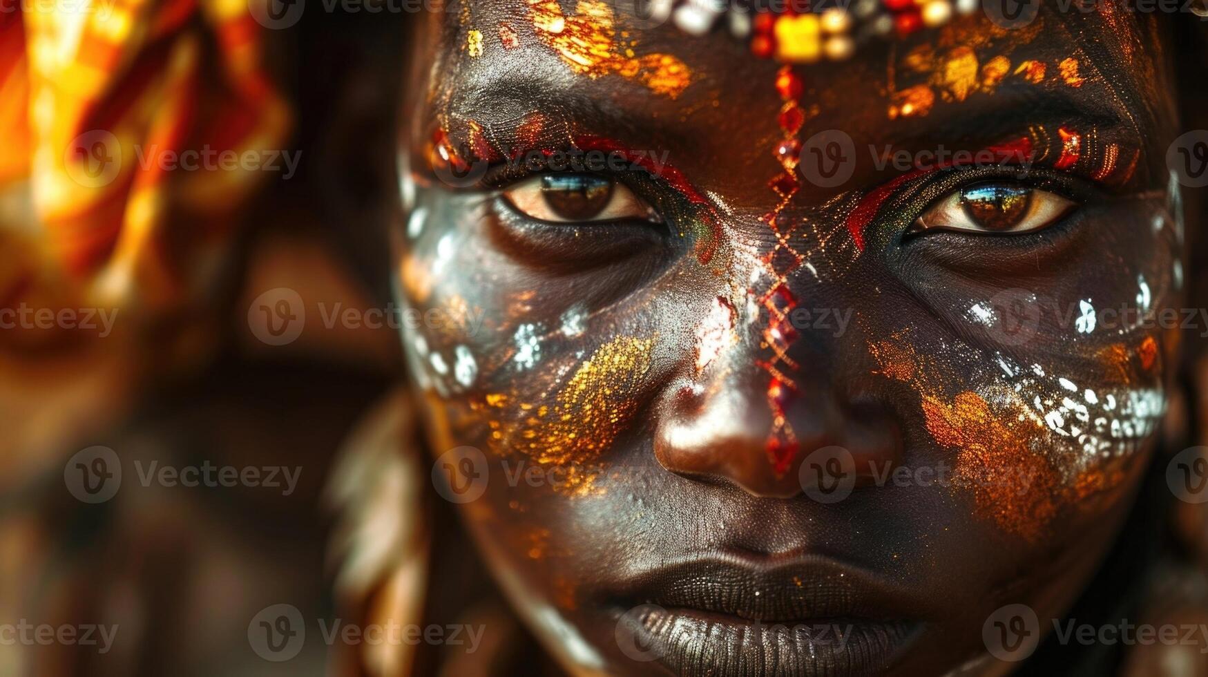 A powerful closeup of a woman with bold tribal face paint and sparkling fireinspired spark motifs, evoking the passion and strength of an African queen. photo