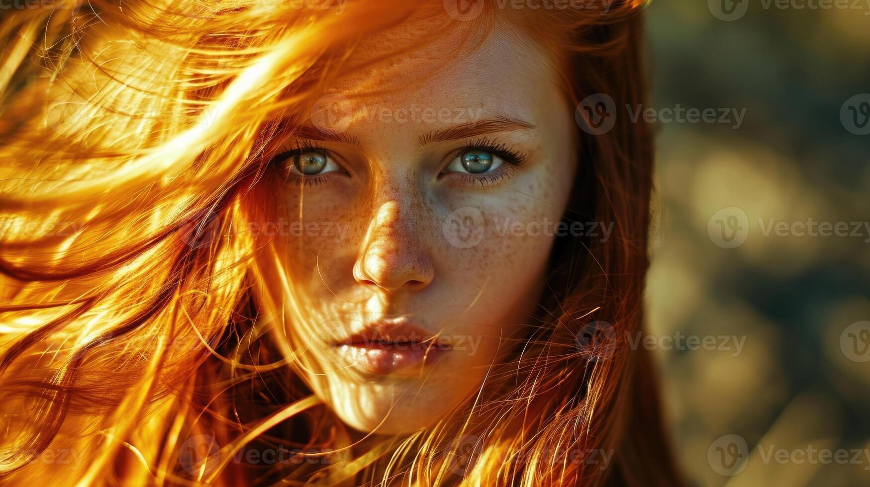 A stunning shot of a woman with long, flowing hair the color of pure gold, her skin glowing with a warm, bronze sheen. Her piercing blue eyes gaze confidently at the camera, radiating photo