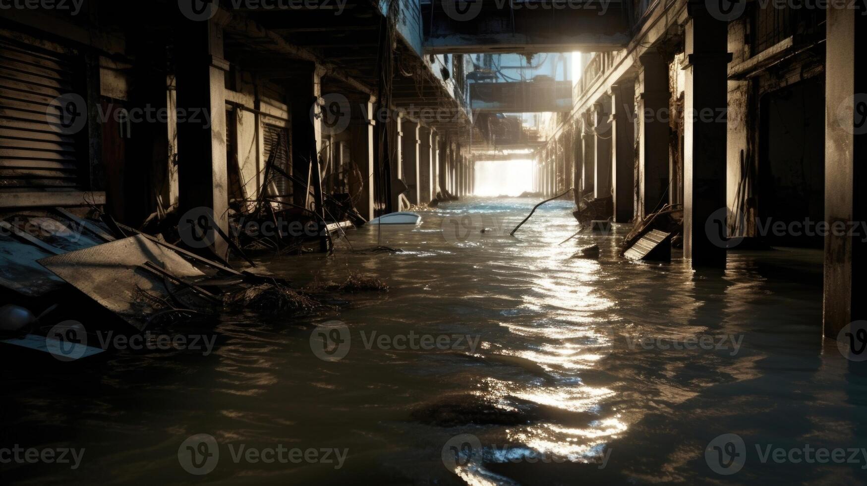 As the storm rages on, the oncedry floors of buildings become submerged in the tumultuous floodwaters, causing chaos and despair. photo