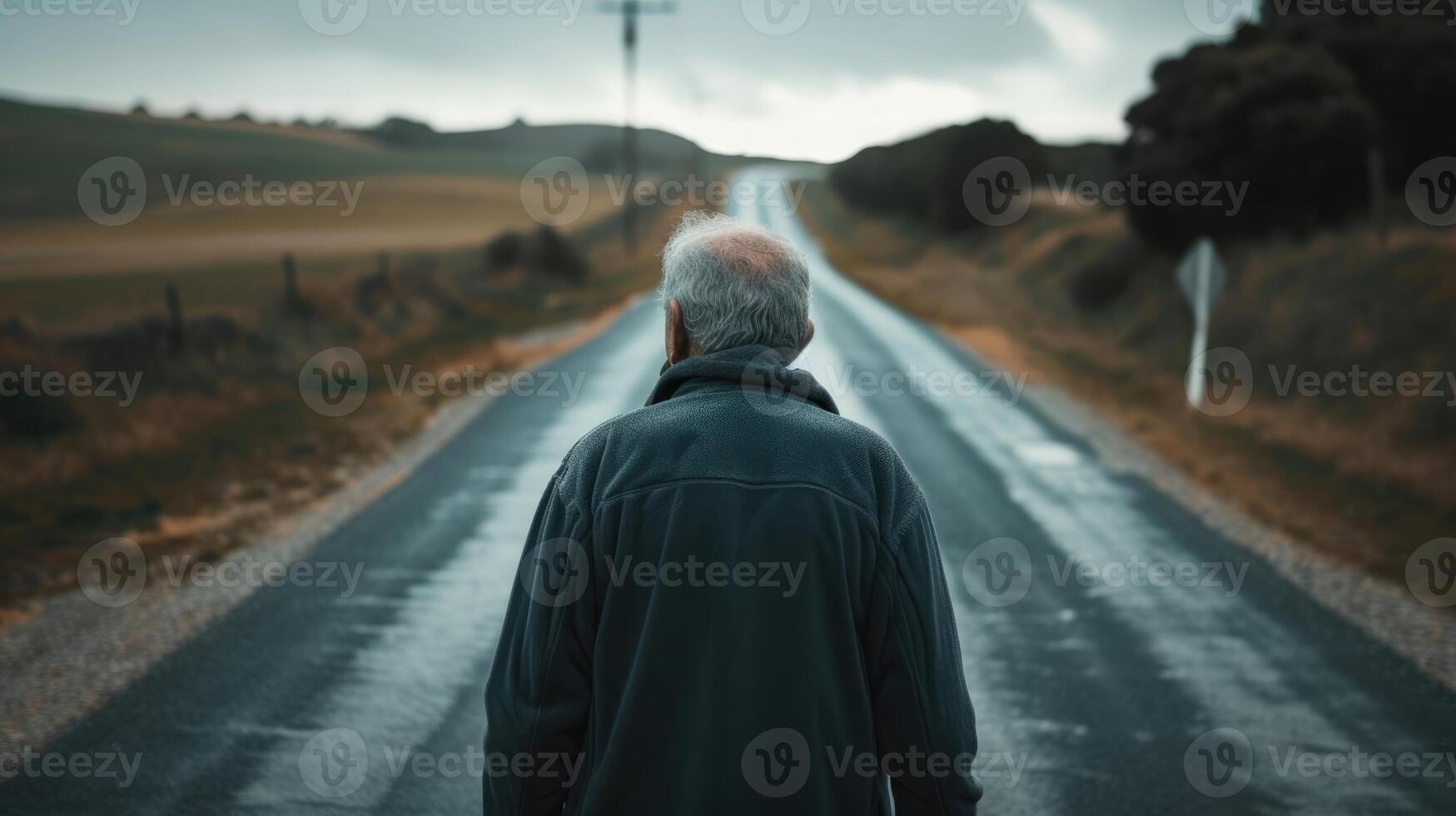A middleaged man walking down a deserted road his head hung low in despair photo