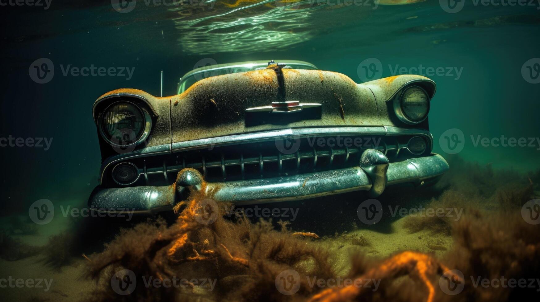 The once gleaming lights of a car now rest beneath the waves, casting an otherworldly glow in this underwater closeup. photo