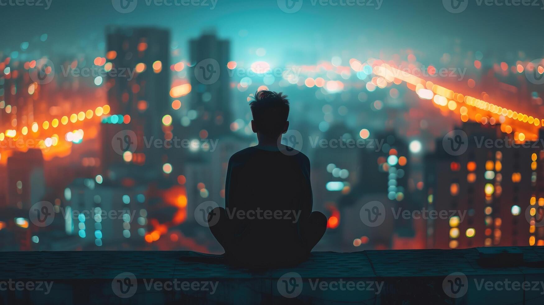 A young person sitting on a rooftop looking out at the city lights and feeling small and insignificant in the vastness photo