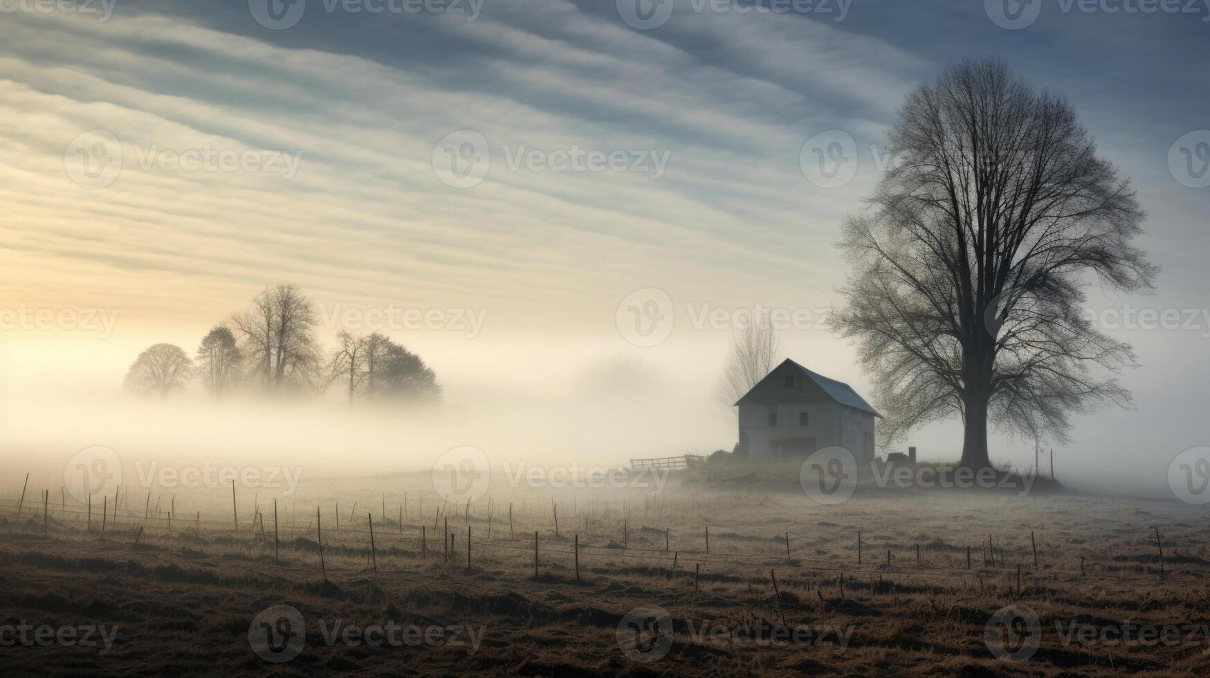A serene and surreal scene of a fogcovered farm, with ghostly outlines of trees and structures in the background. photo