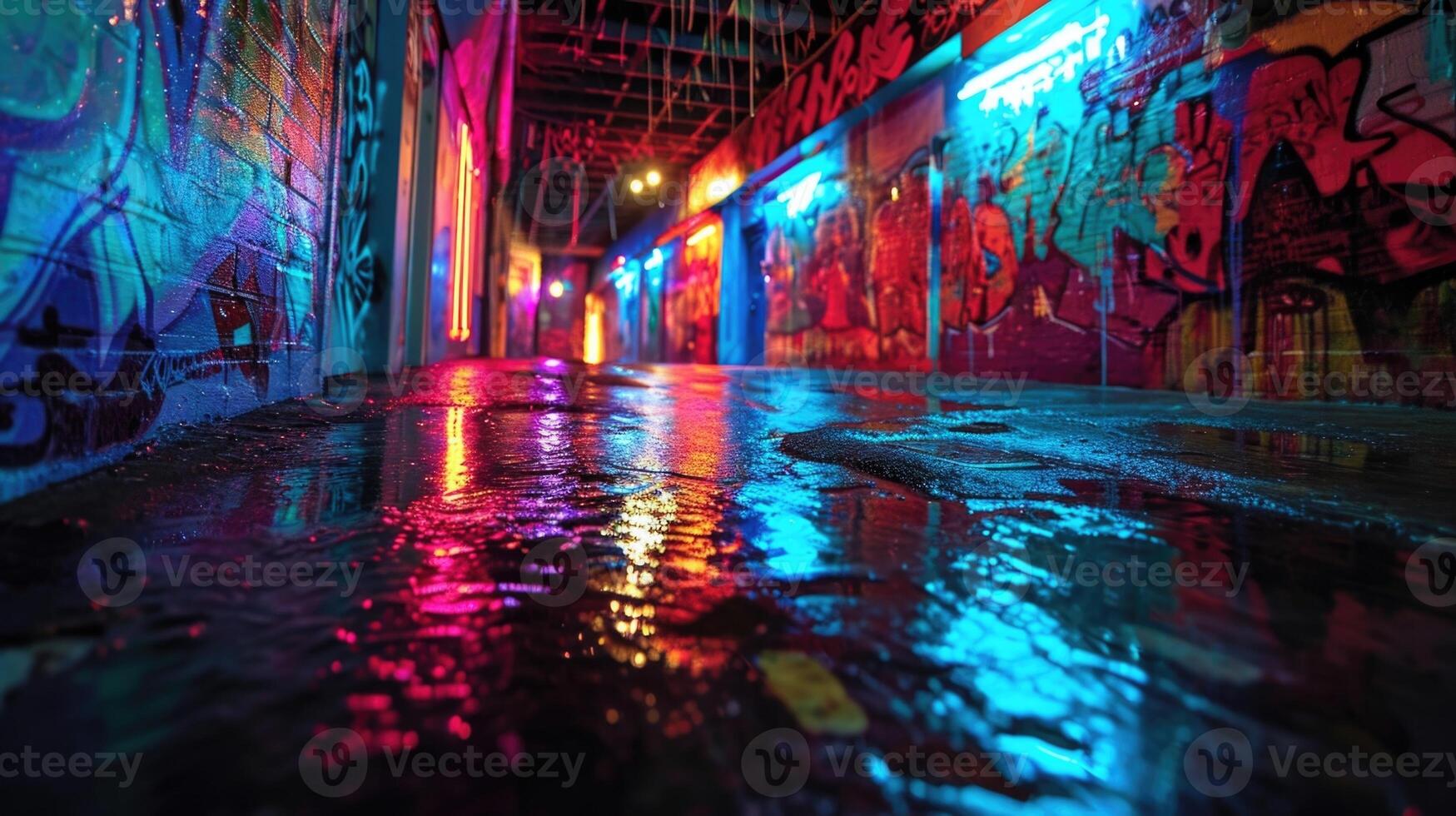 Graffiti artists playground with neon paints splashed across dull surfaces adding a pop of color to the urban landscape photo