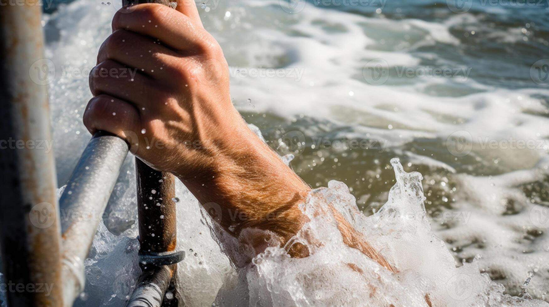 Battling the Waves A closeup of a hand gripping a railing as the person struggles against the strong currents of a wild ocean. photo