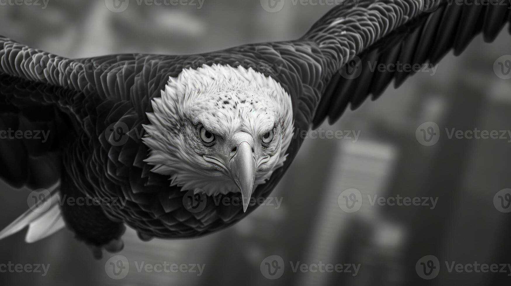 Closeup of a bald eagles intense gaze as it fixates on its destination effortlessly diving and ascending between the towering buildings in the concrete jungle photo