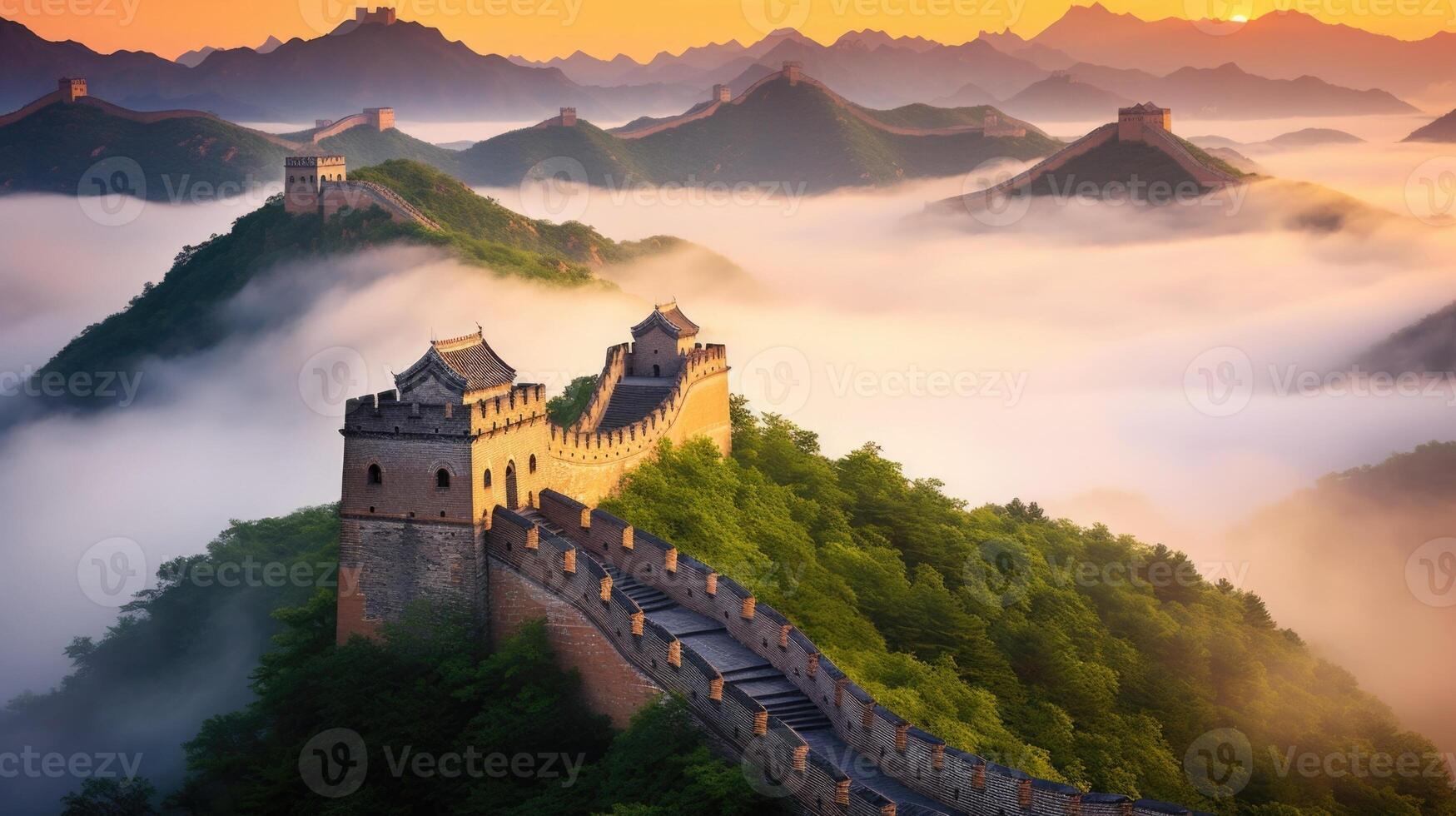 As the morning fog settles over the Great Wall of China, it transforms the iconic landmark into a dreamlike vision. The soft edges of the wall and towers blend into the mist, giving a photo