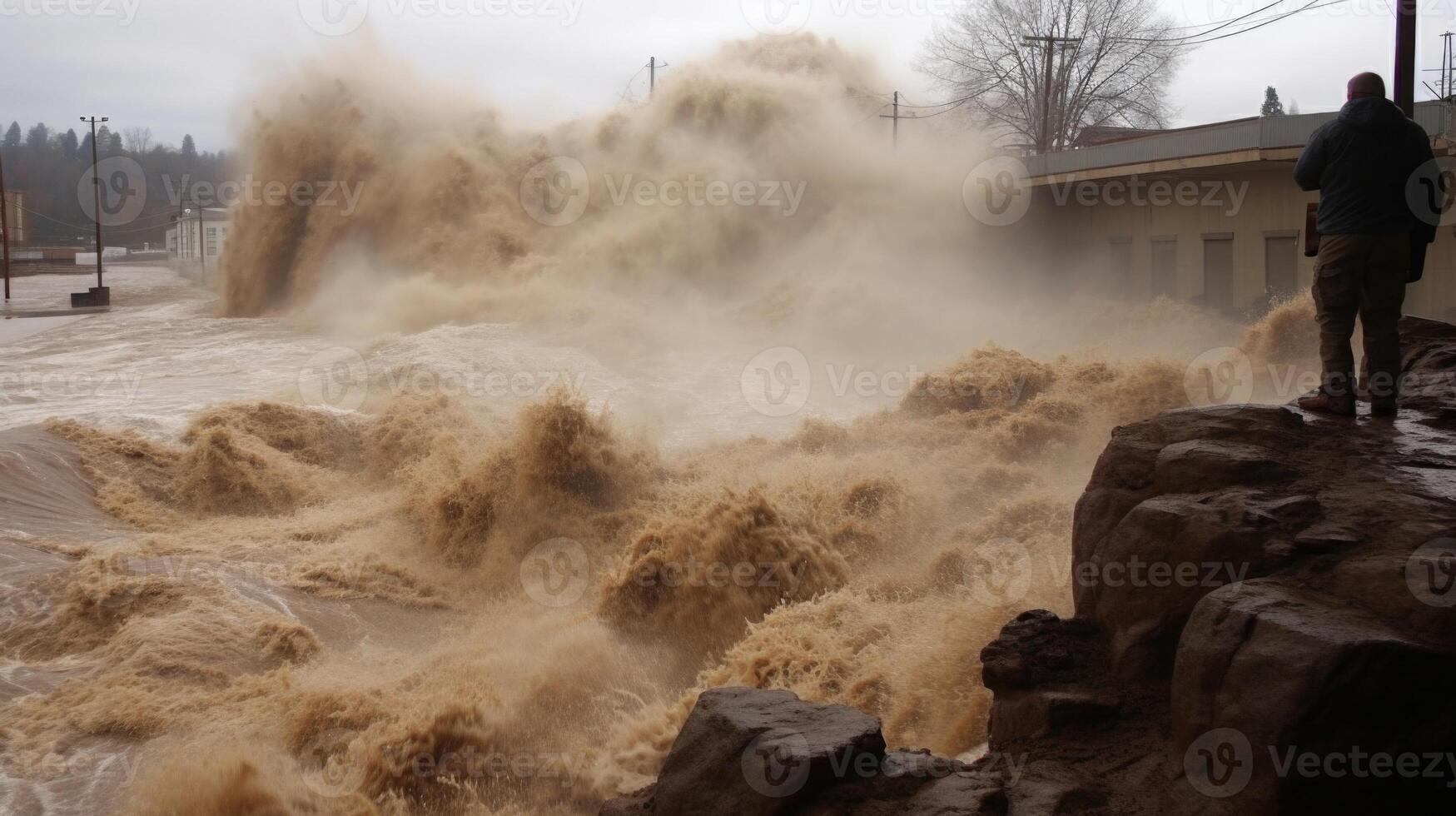A relentless, closeup look at the power and destruction of rapidly flowing floodwater. photo