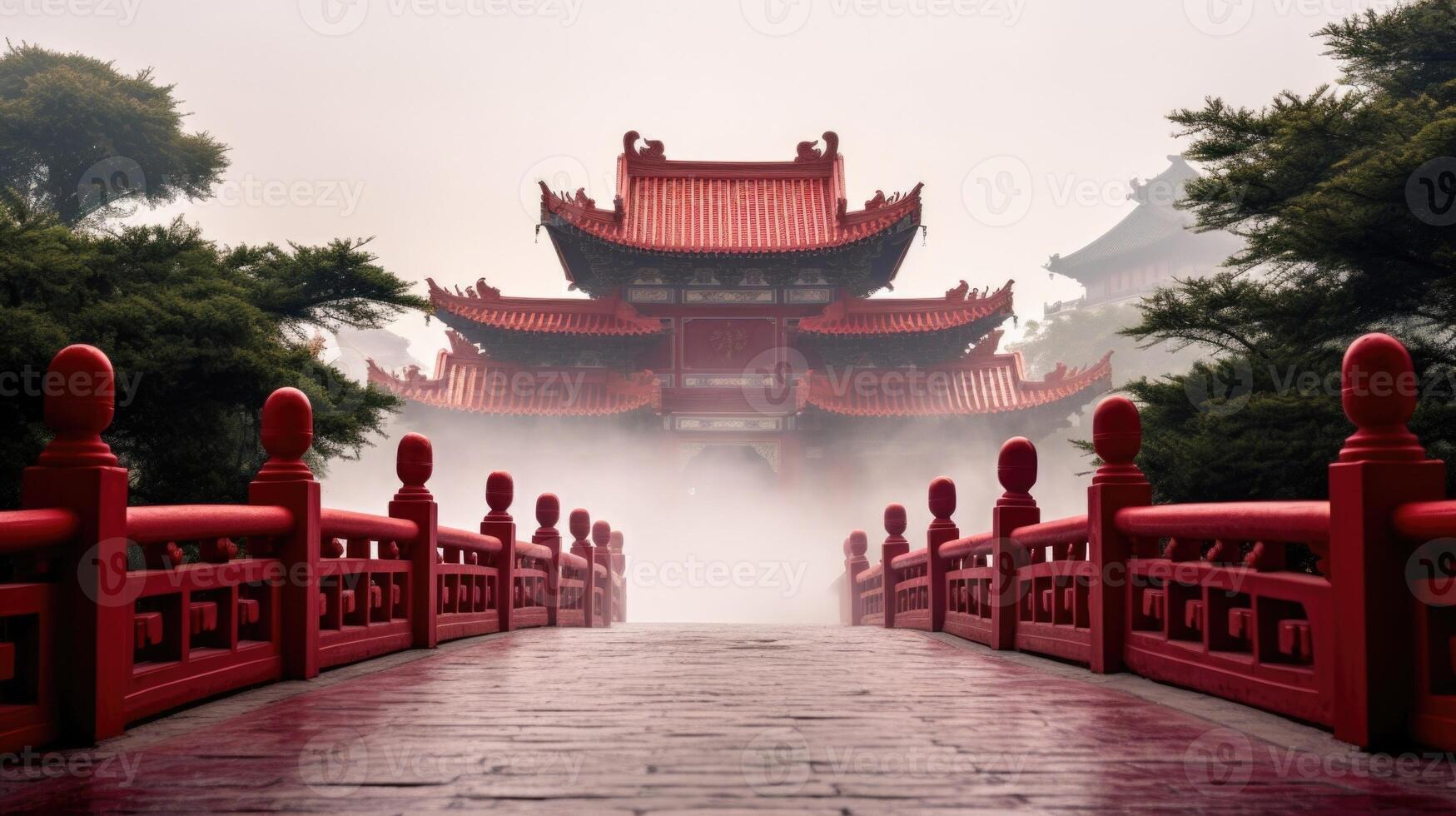 The fog rolls over the iconic red gates of a famous temple, creating a stunning contrast between the deep red and the ethereal white. The fog amplifies the importance and sacredness of photo