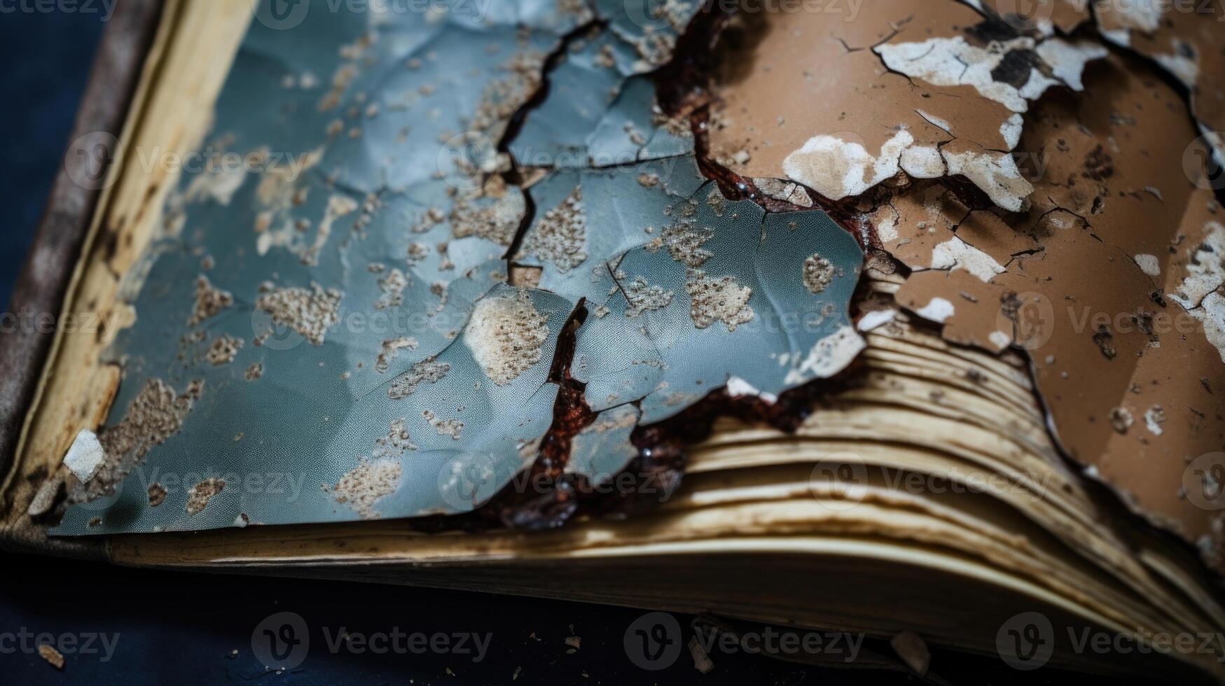 A closeup shot of a book with waterdamaged pages, torn and creased from moisture, portraying the theme of vulnerability and fragility. photo