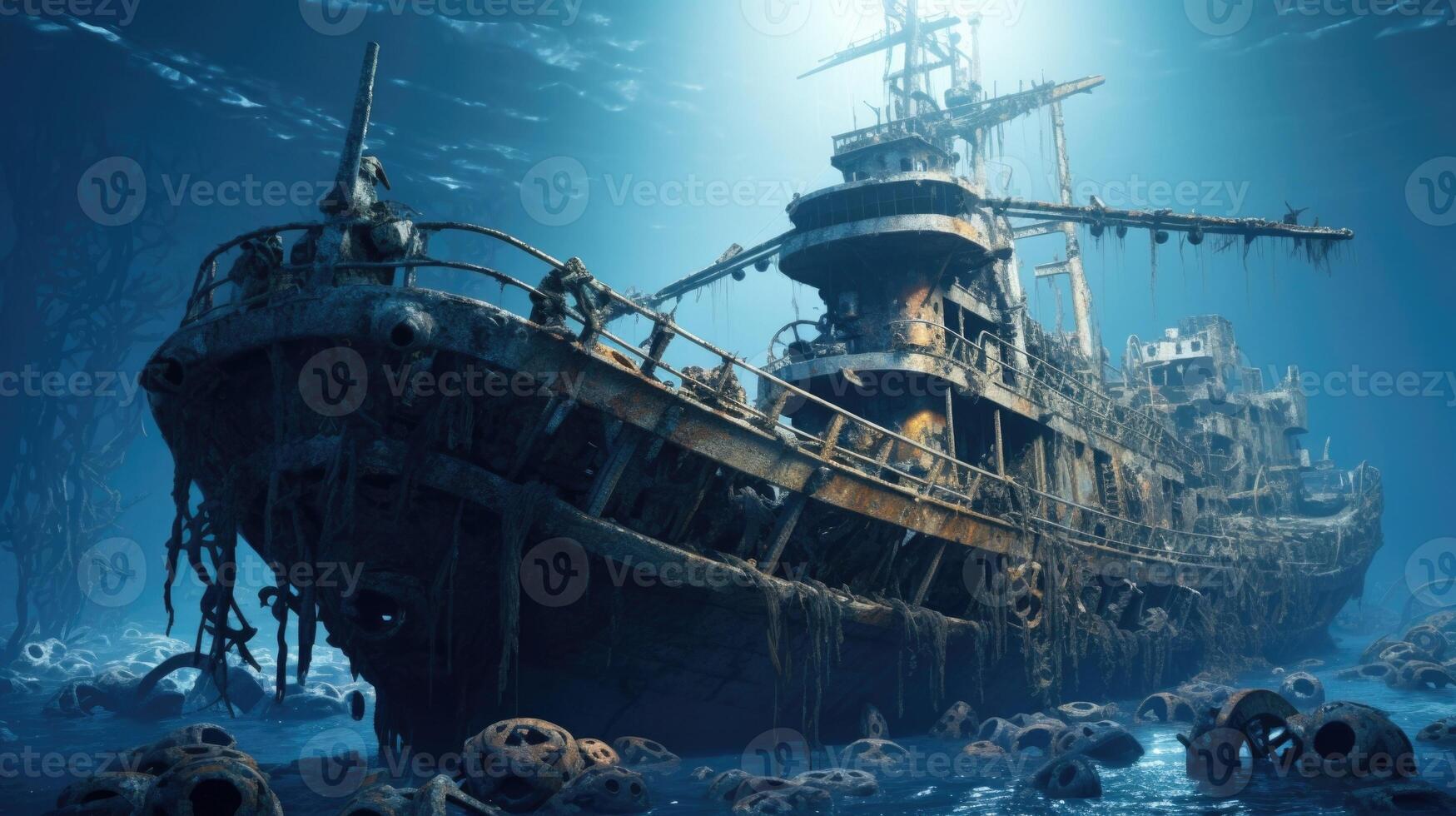 A forgotten ship graveyard unveils itself in the deep ocean, its murky waters hiding a collection of abandoned and rusted vessels. photo