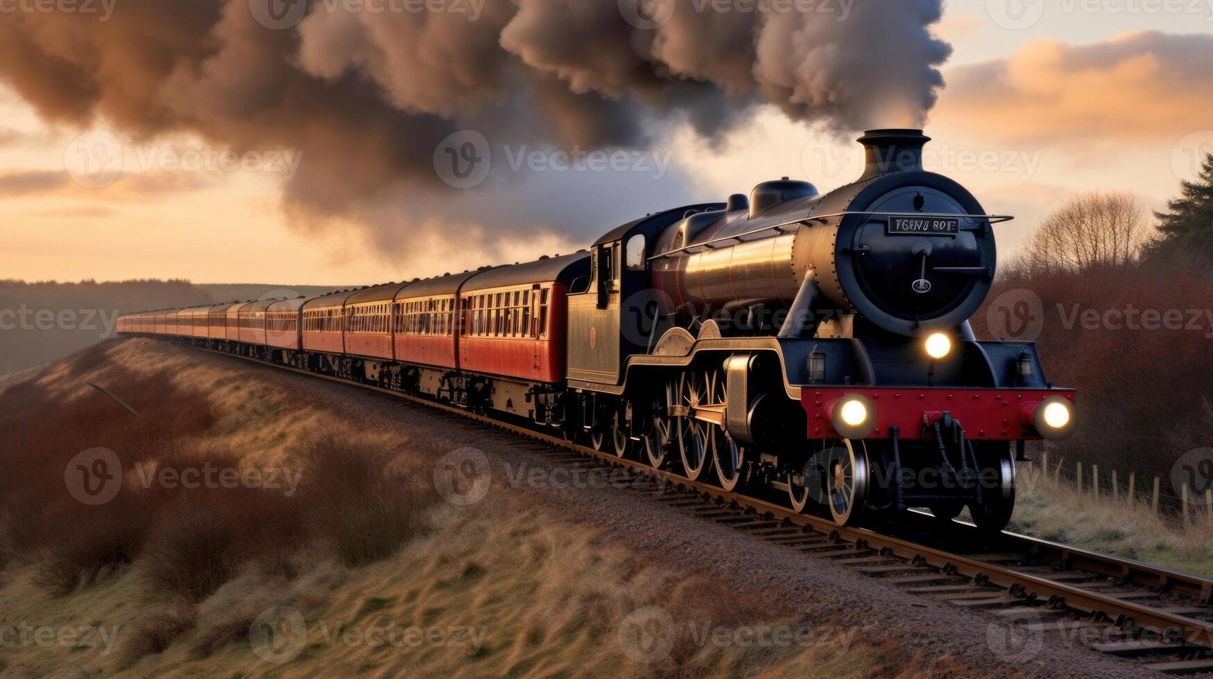 The powerful engine of a classic steam train belches smoke as it pulls a line of passenger cars behind it, evoking the era of luxurious train travel. photo