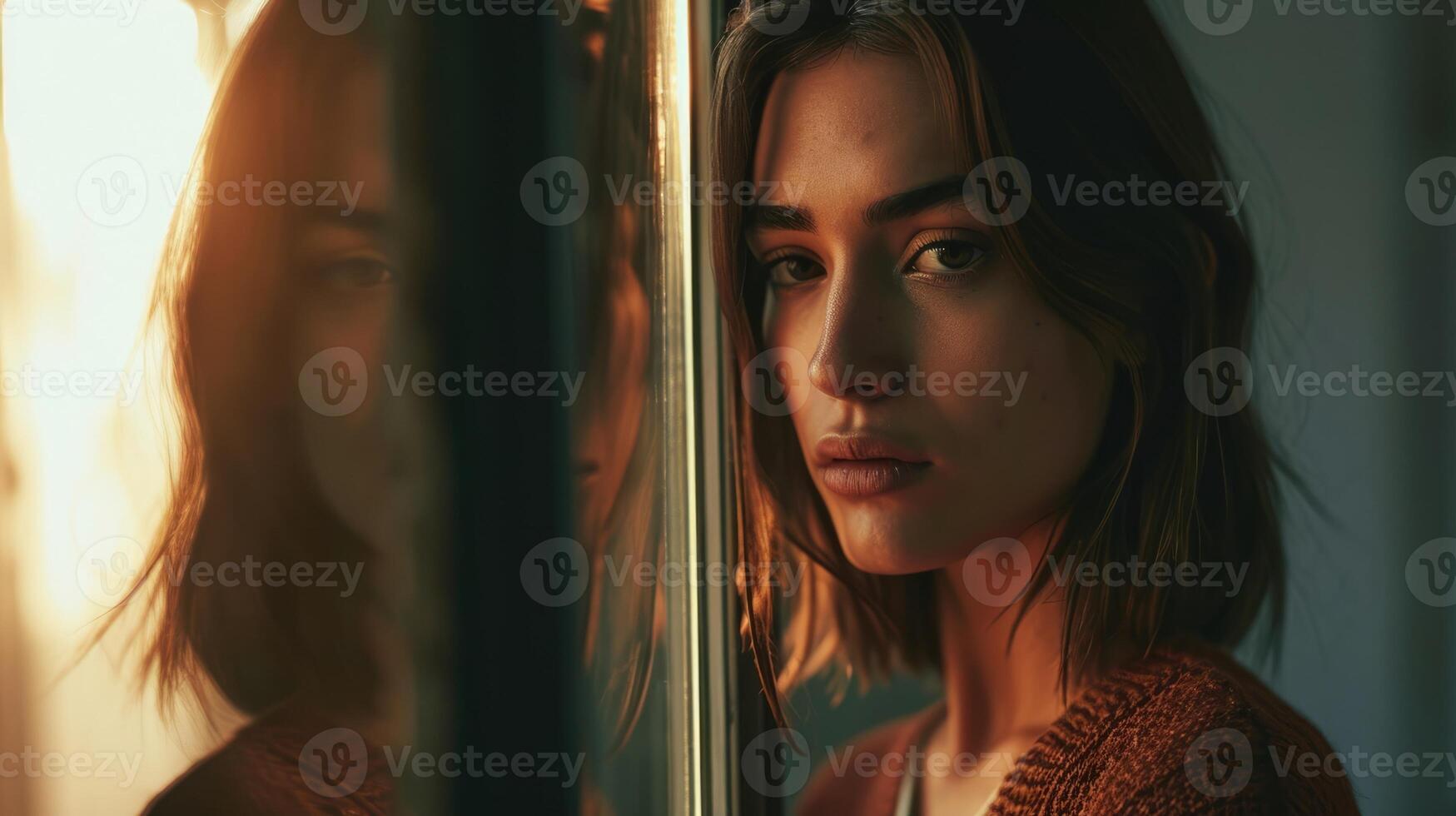 A woman stands in front of a mirror looking at her reflection with a sense of isolation photo