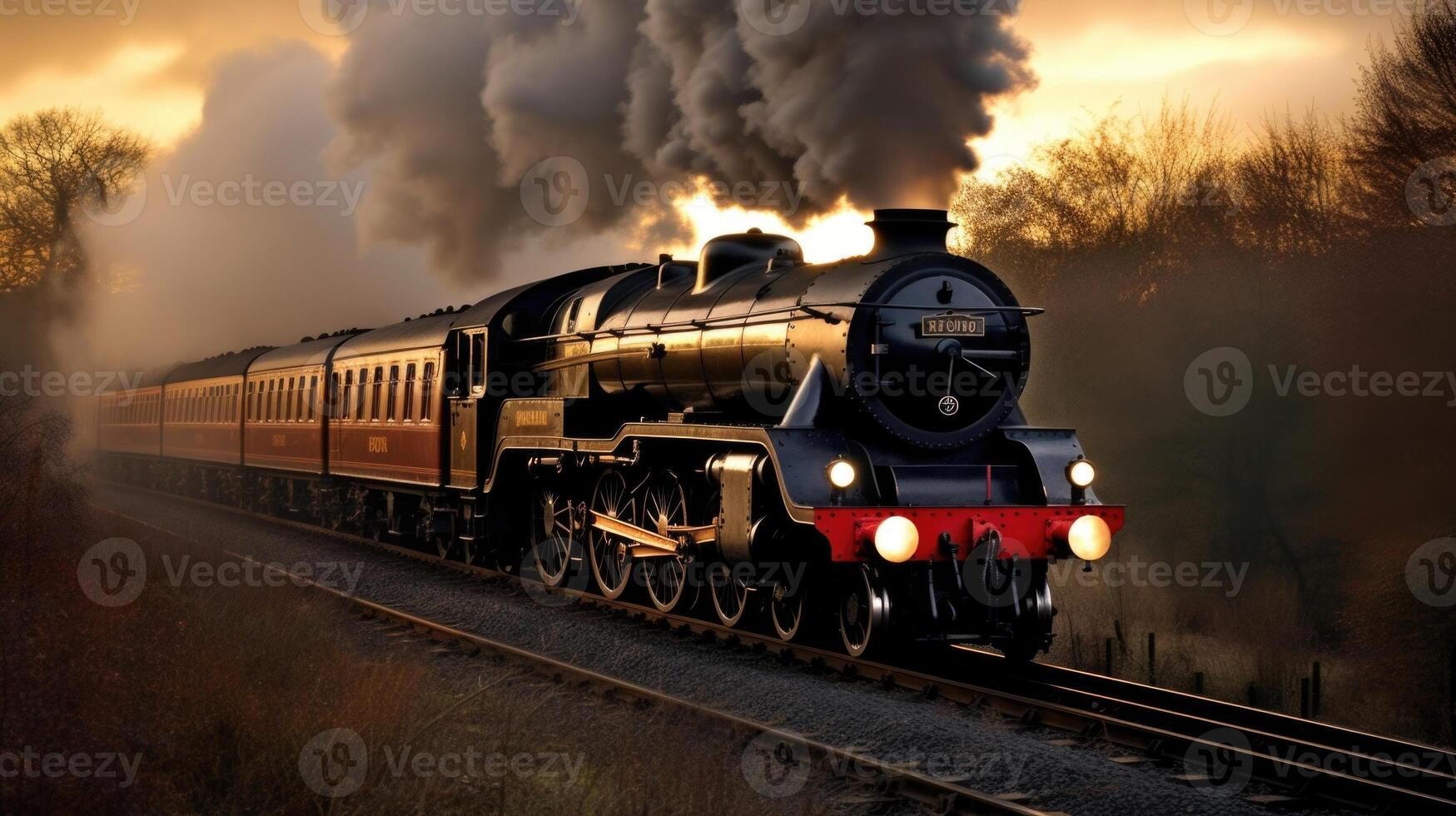 Amidst a rolling blanket of fog, a steam engine emerges, its polished metal gleaming in the soft light as it slowly makes its way along the tracks. photo