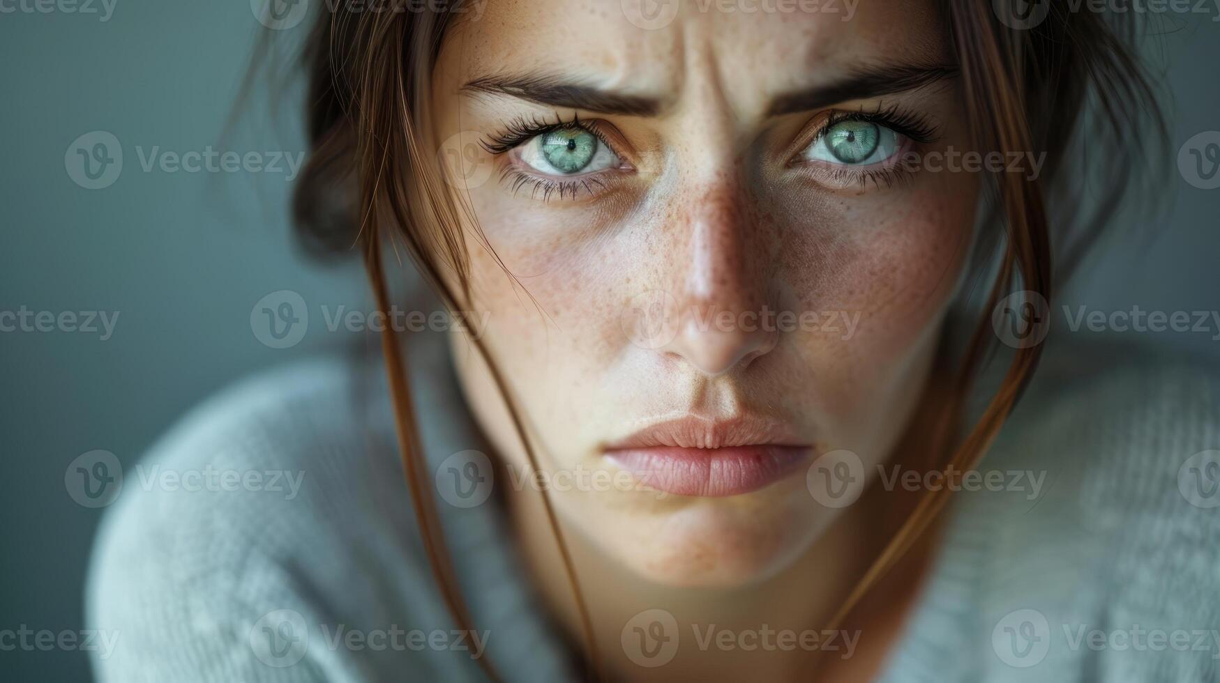 A woman in her twenties with a furrowed brow and a worried look in her eyes photo