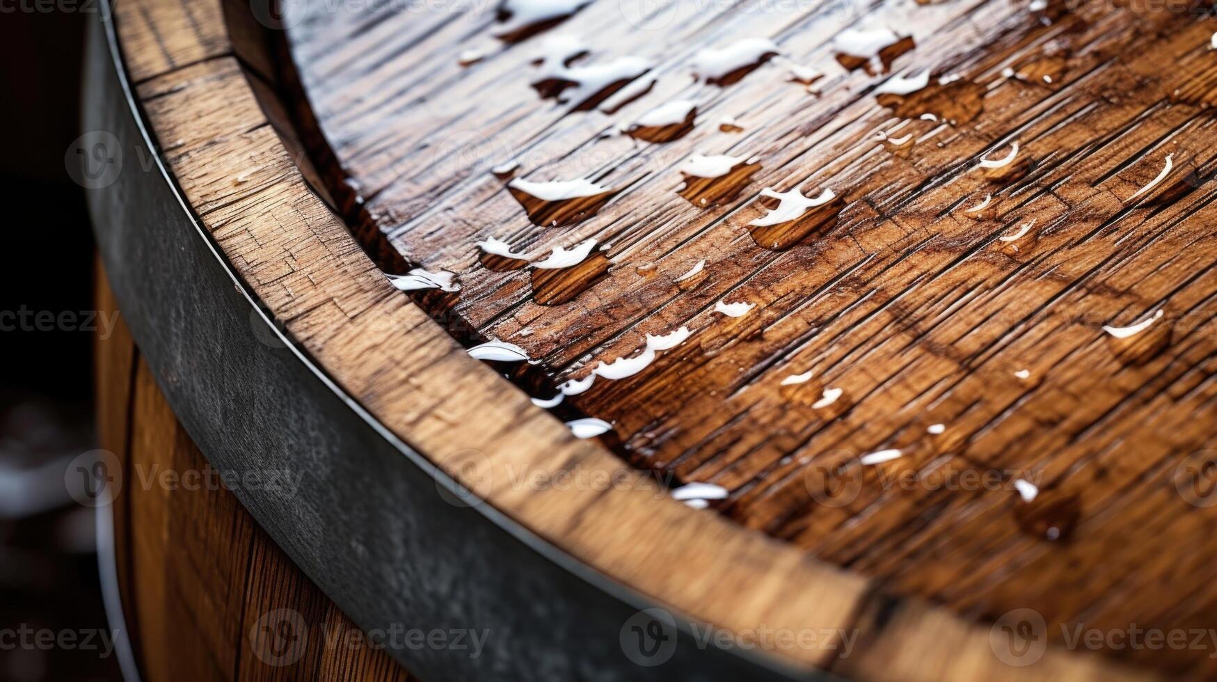 A closeup of an oak barrel used for aging whiskey, revealing the intricate wood grain and signifying the importance of barrel selection in the fermentation process. photo