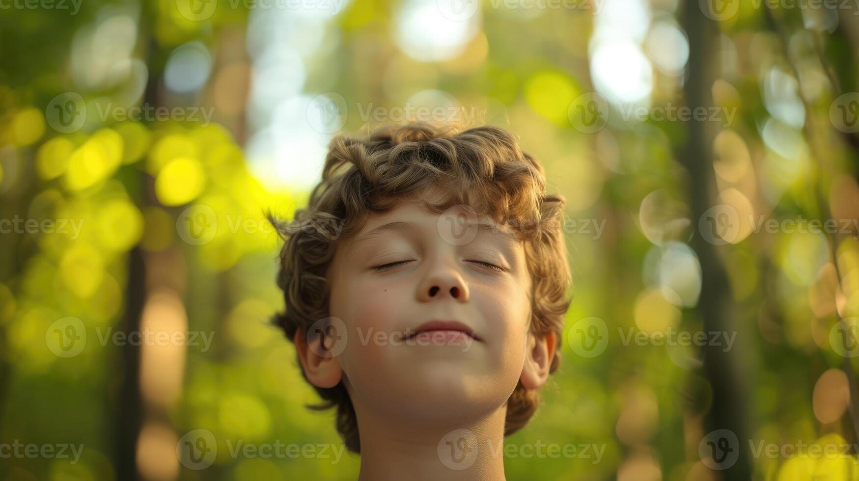 A young boy with his eyes closed and a calm expression on his face surrounded by a group of trees as he practices grounding and mindfulness in the forest photo