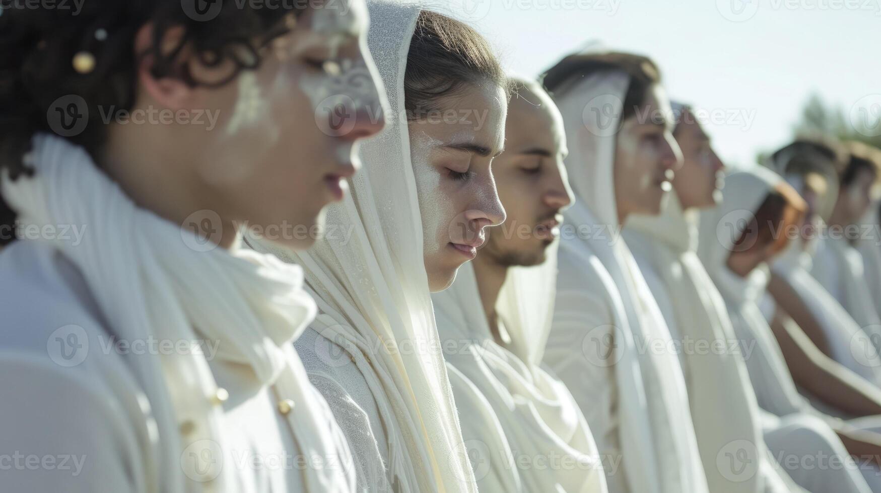 A group of individuals dressed in all white and flowing garments representing the spiritual subculture photo
