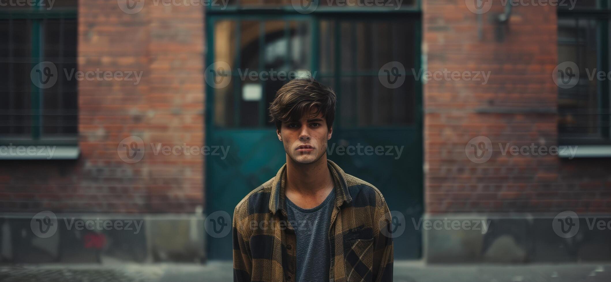 A young man standing in front of an unfamiliar building unsure of where he is and struggling to feel at ease in a new place photo