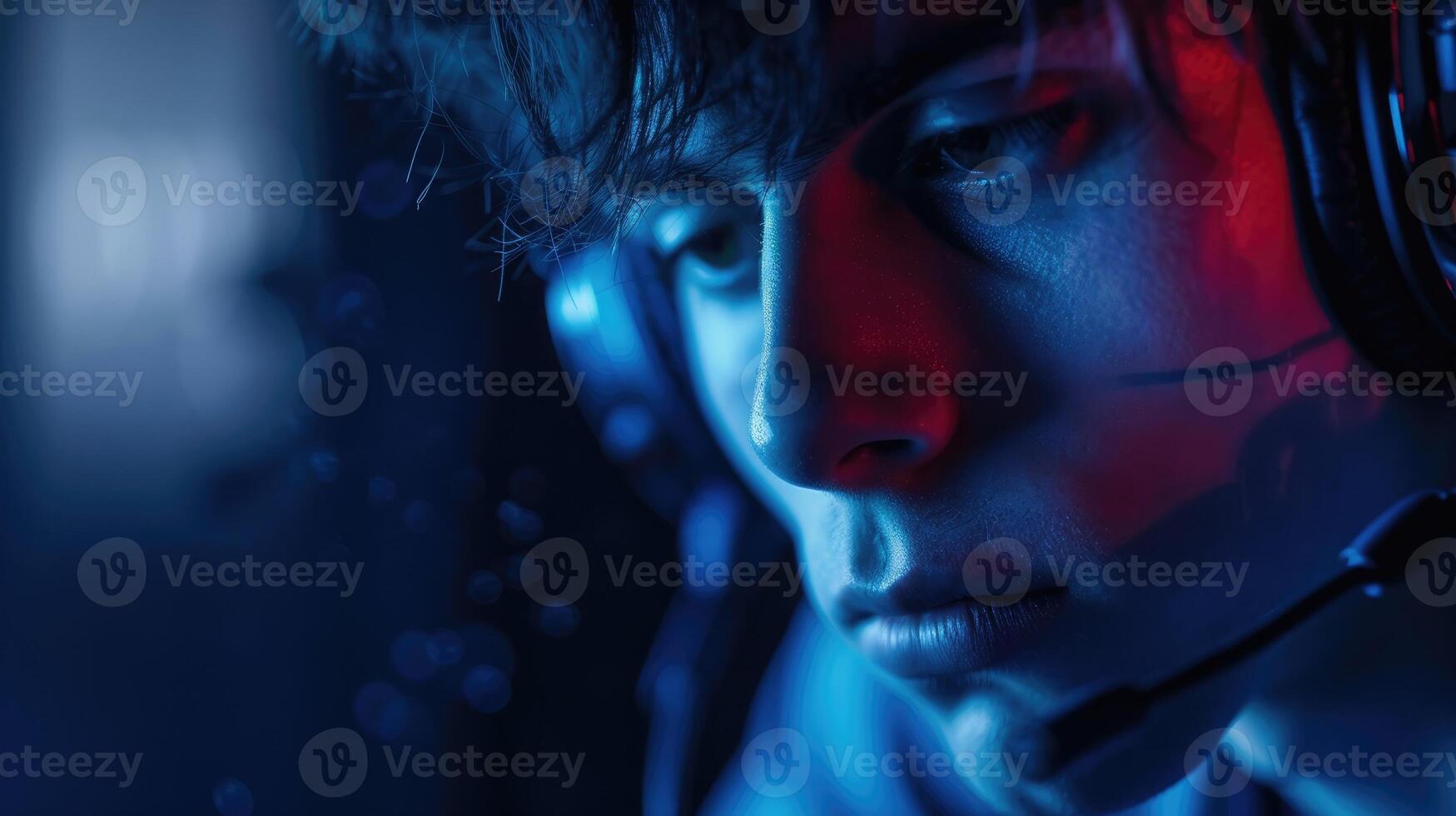 A man with headphones in completely immersed in the virtual world of a game photo