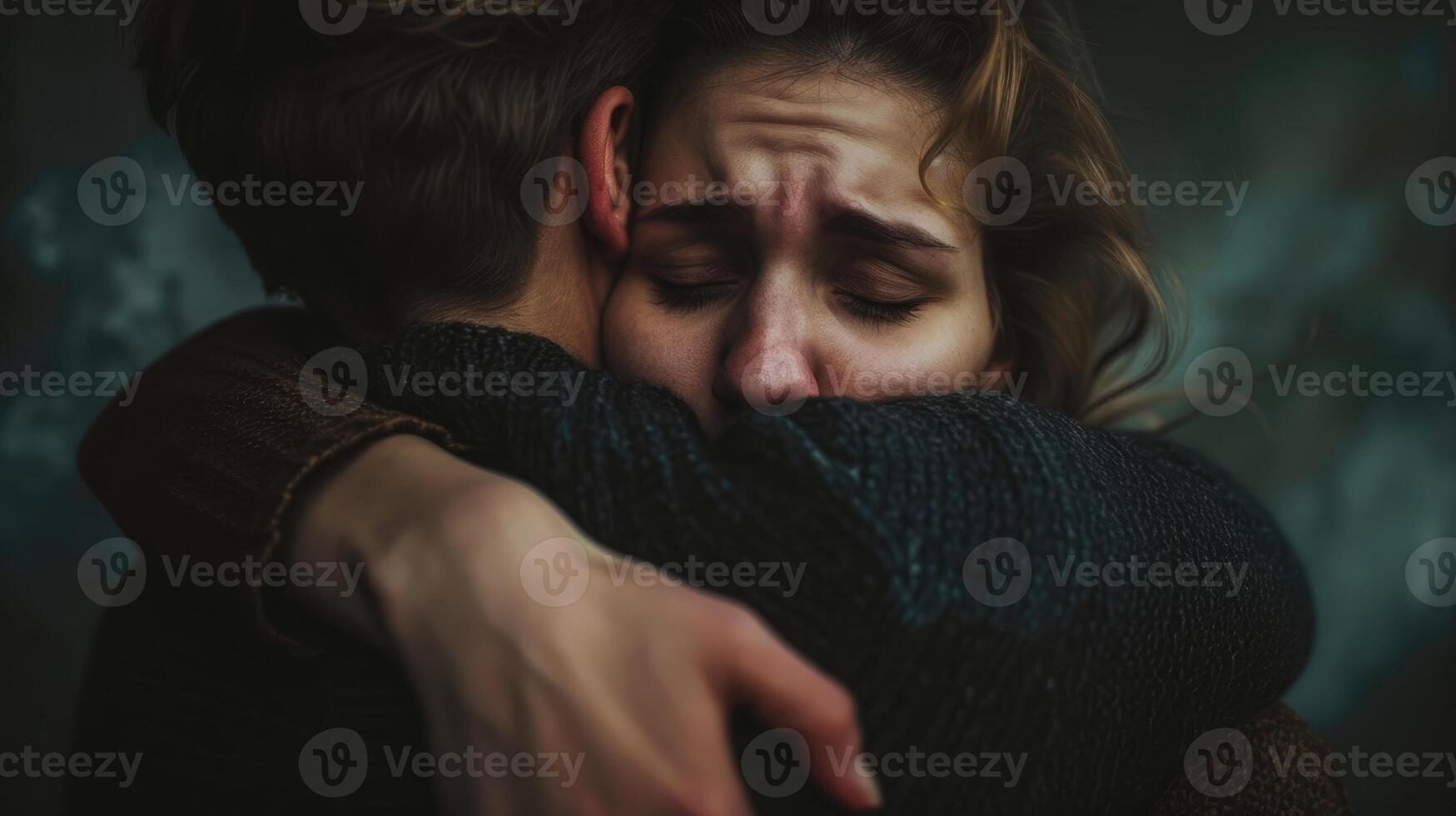 Two people hugging tightly their expressions showing the pain of saying goodbye photo