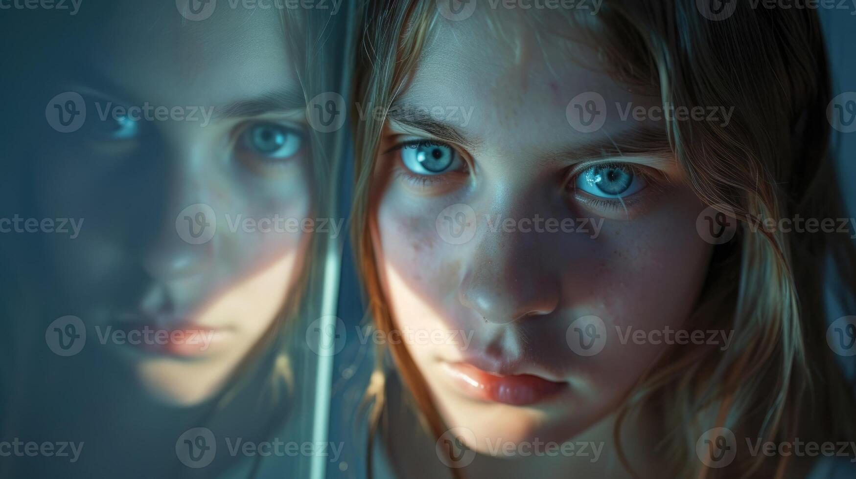 A teenage girl staring at her reflection in the mirror with a look of selfhatred a reflection of the negative selfimage that can result from childhood trauma photo
