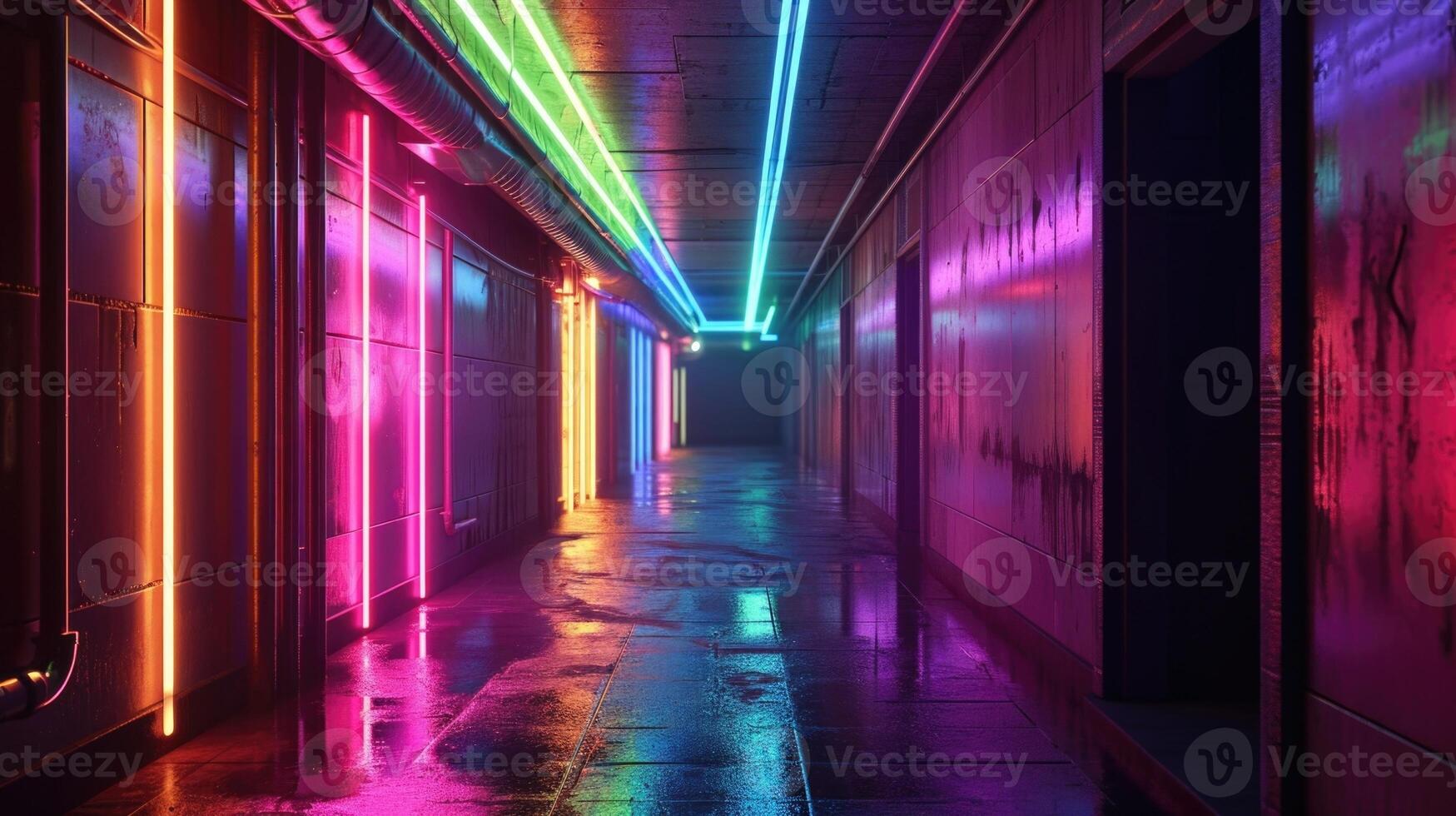 A neon rainbow light running along the ceiling filling the room with vibrant colors photo