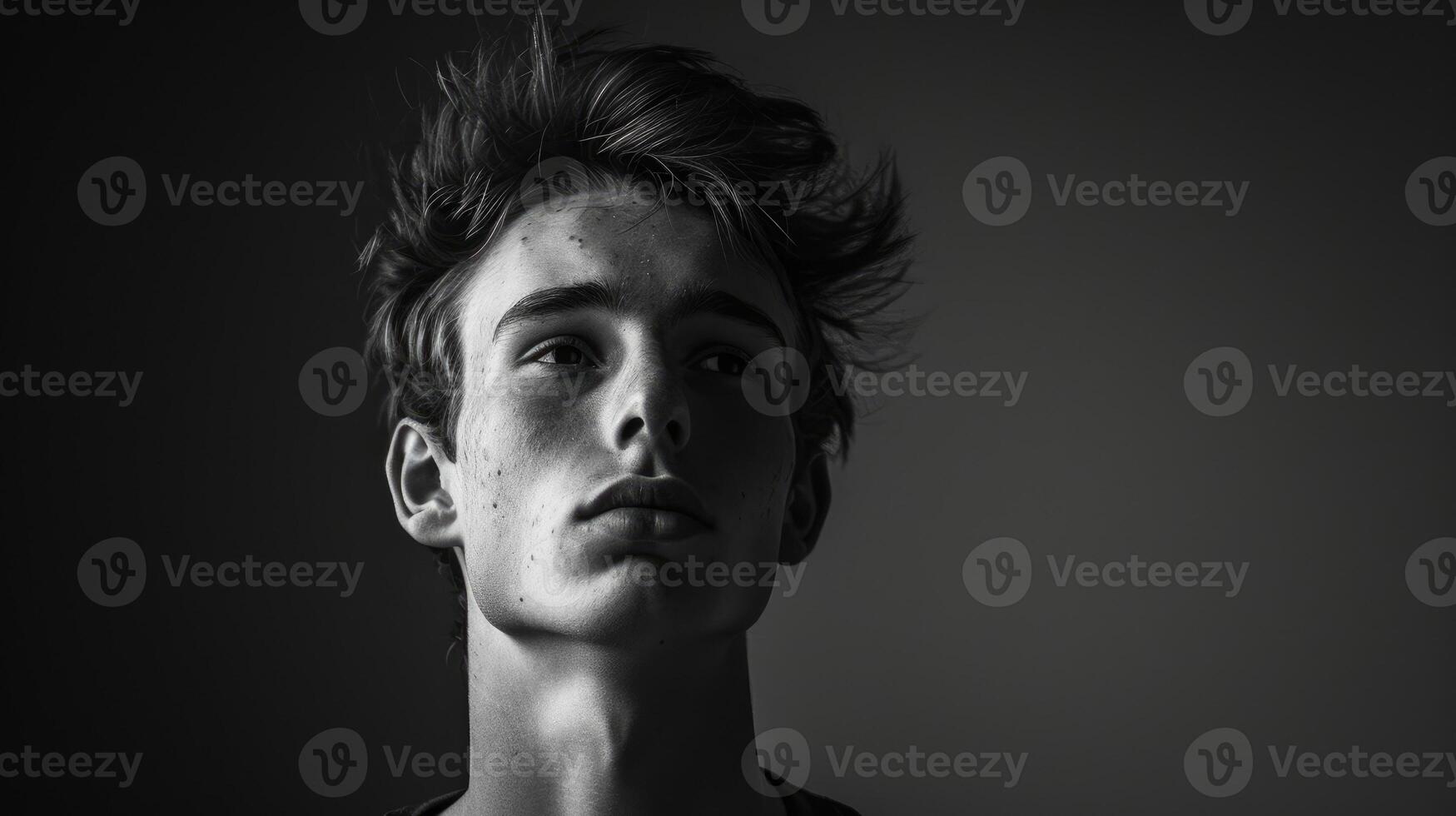 A young man with a hollowed out expression as if the weight of the world is on his shoulders photo