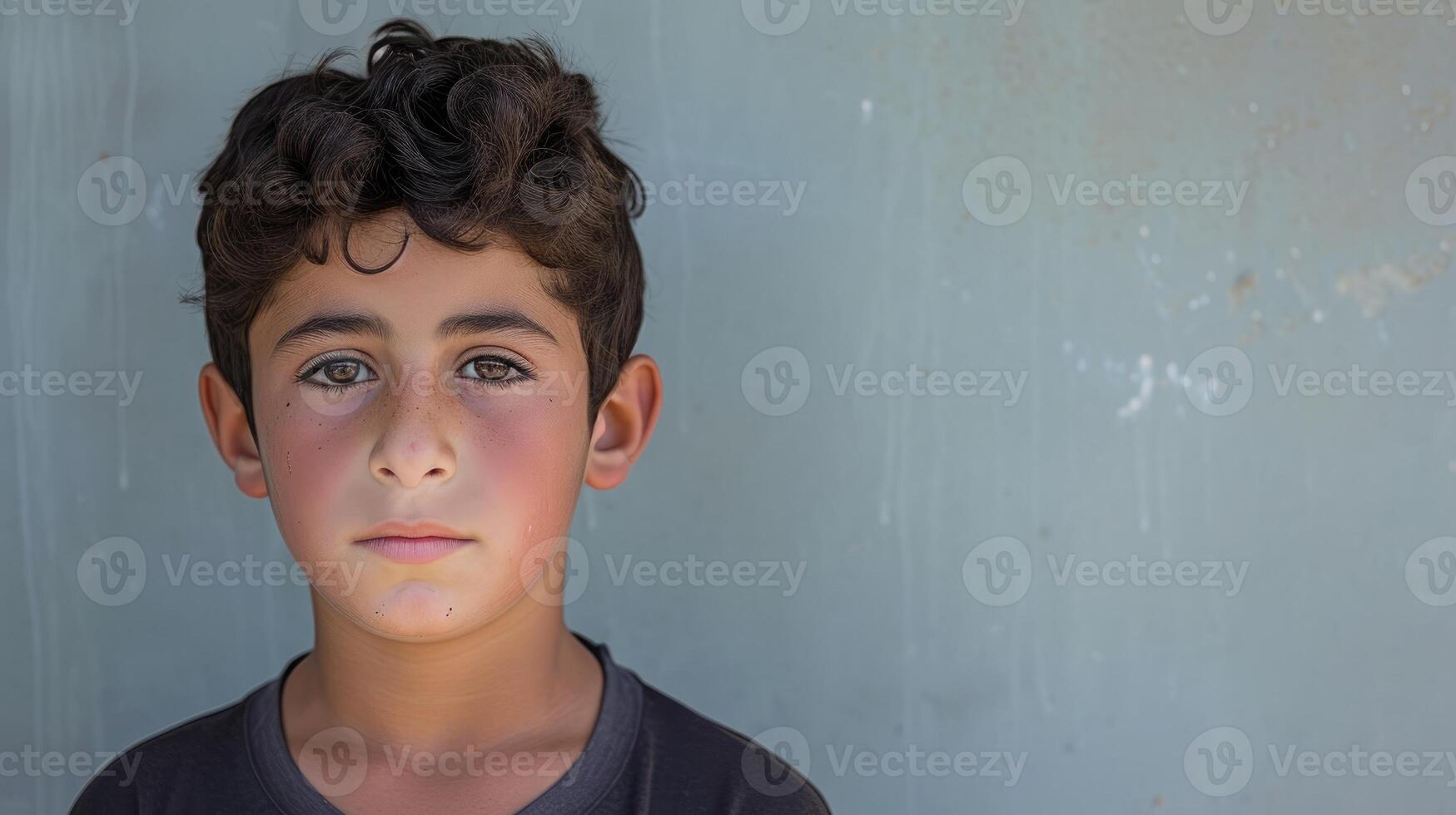 An adolescent boy of Middle Eastern descent lowers his head in shame as he talks about the impact of war and conflict on his family and community photo