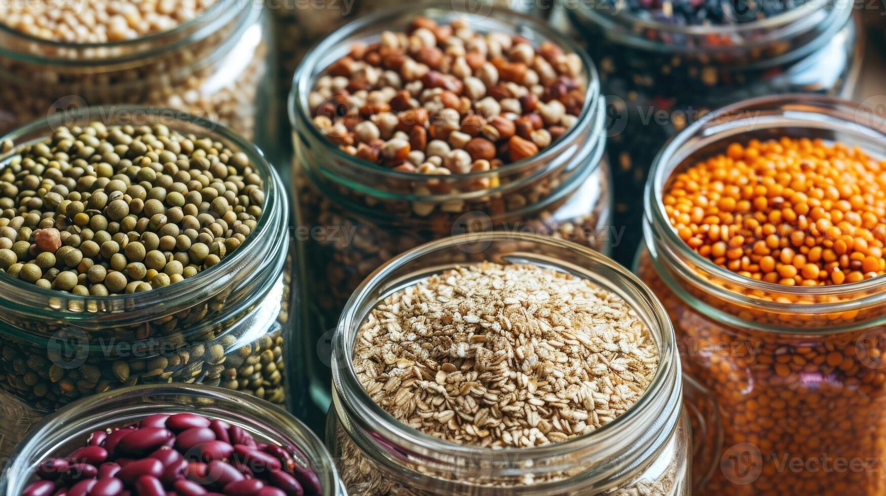 A colorful array of whole grains, legumes, and nuts in jars, representing the importance of mindful meal planning and preparation. photo