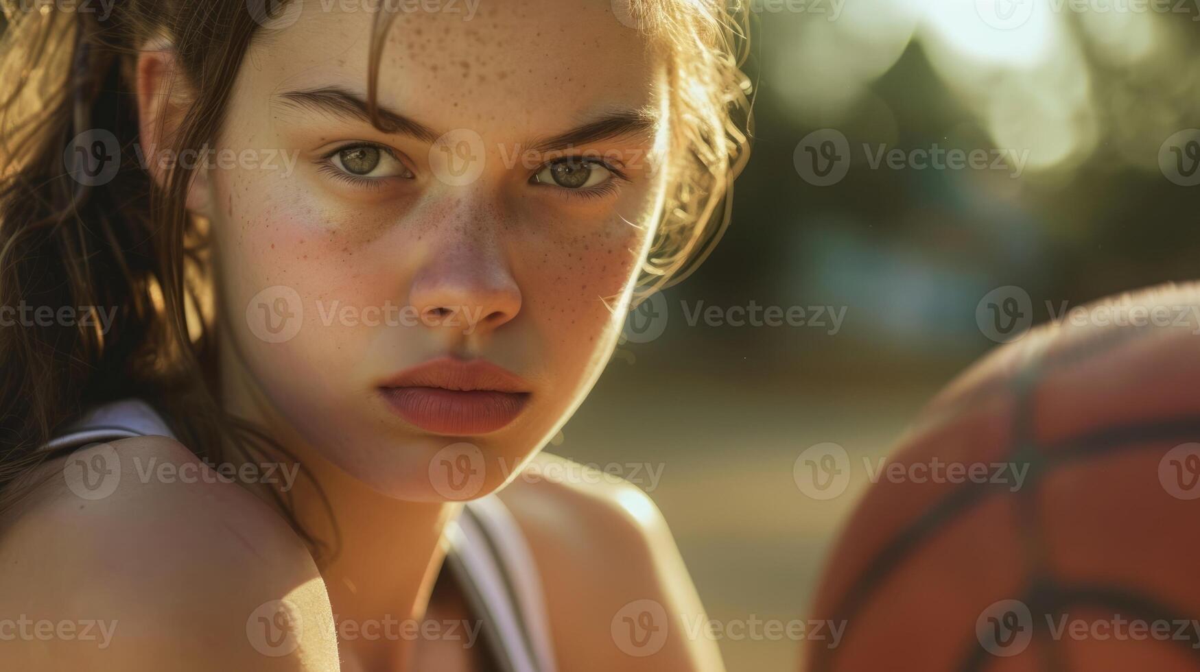 A teenage girl with a fierce expression her hand gripping a basketball as she proves her resilience and determination on the court after a difficult childhood photo