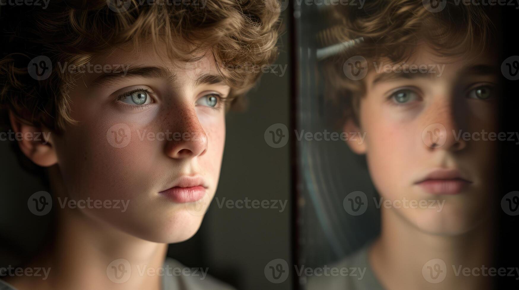 A teenage boy with a serious expression lost in selfreflection photo
