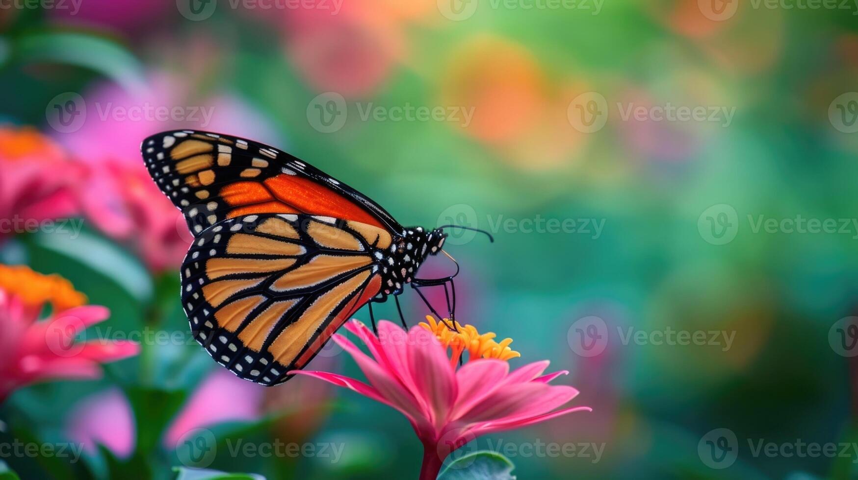 Closeup of a lone monarch erfly perched on a fuchsia flower in an urban garden its intricate black and orange patterns standing out against the backdrop of surrounding greenery photo