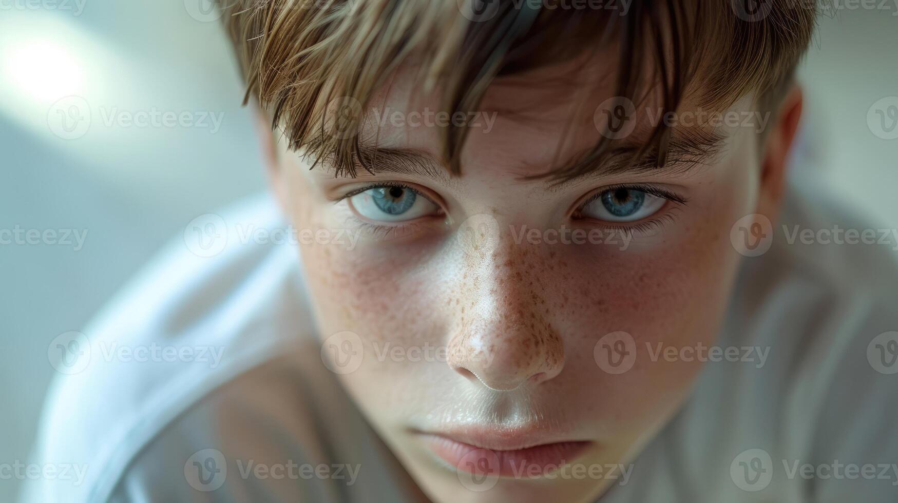 Closeup portrait of a teenage boy his face flushed with exhaustion and his gaze distant. Burnout from academic pressure and extracurricular activities is evident photo