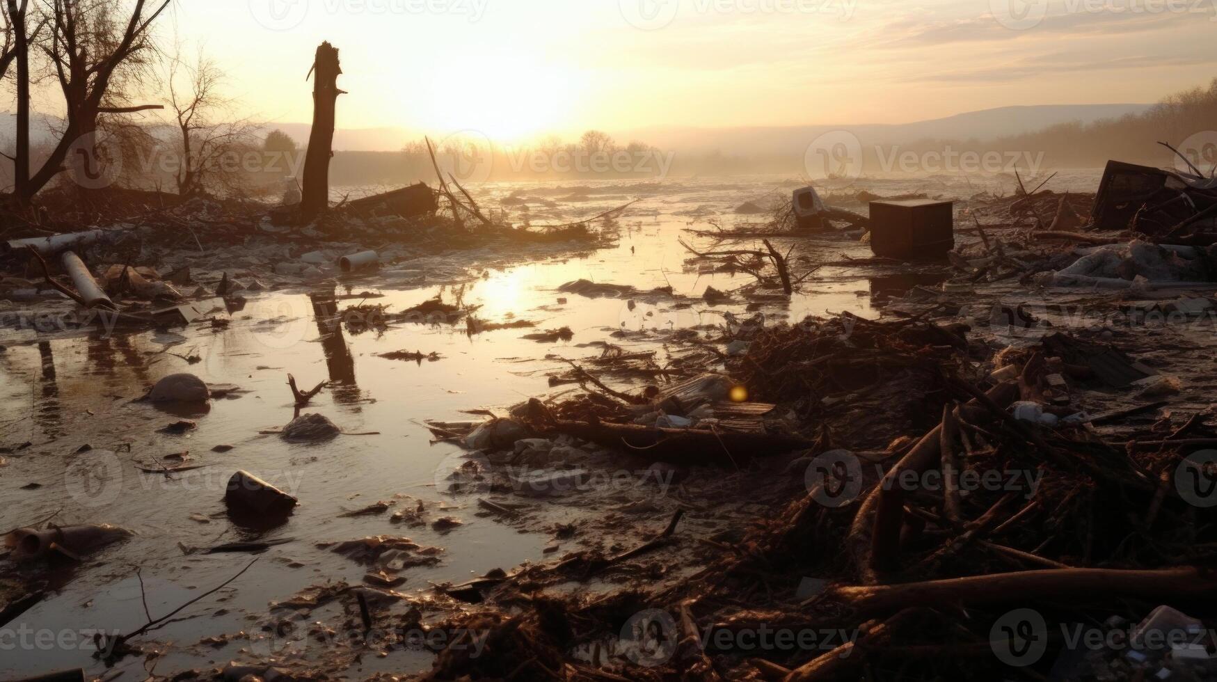 In the midst of a natural disaster, the camera captures a detailed view of debris, tered and drifting in the flooded landscape. photo