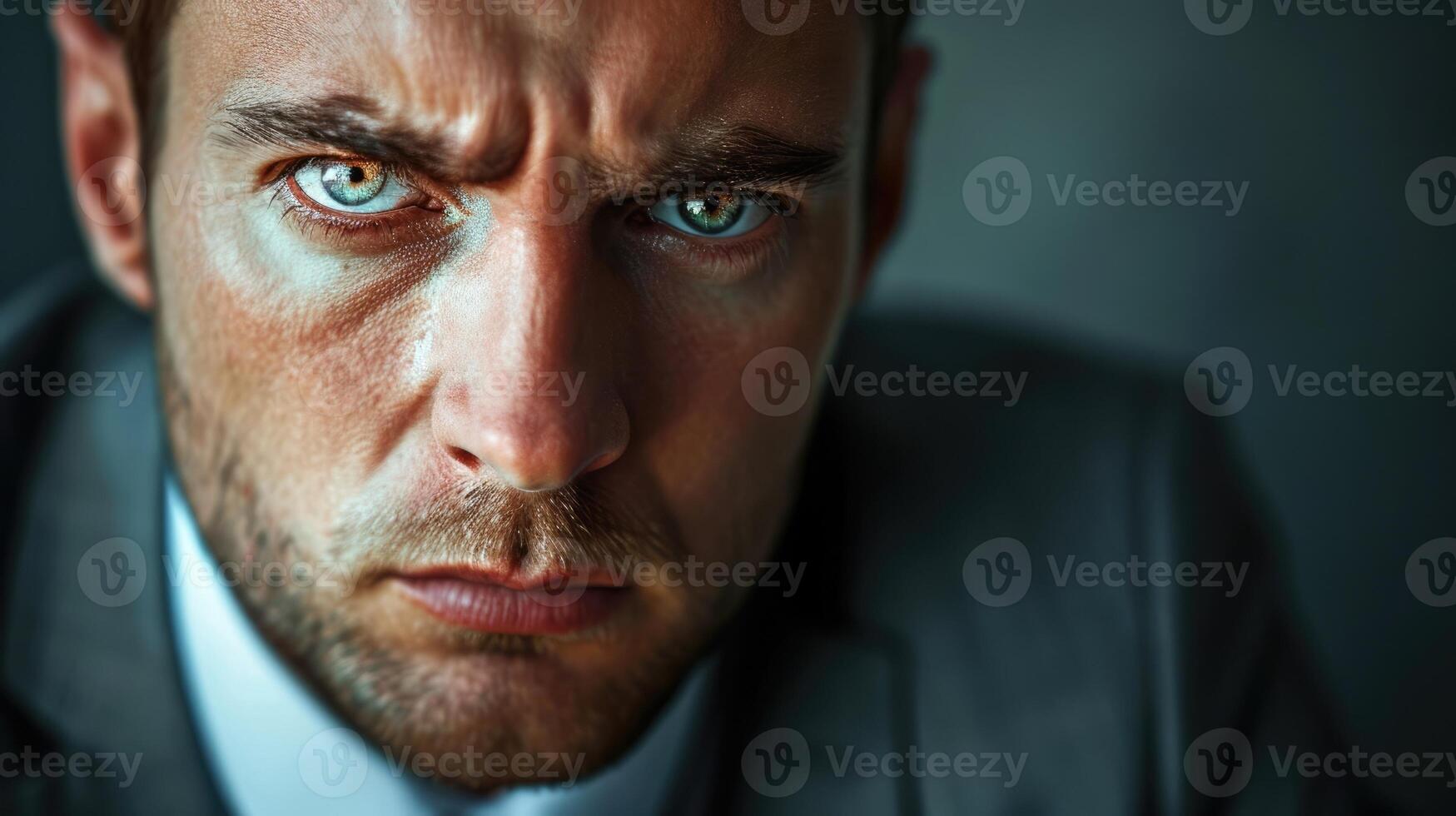 Closeup portrait of a businessman his suit disheveled and his eyes red with exhaustion. The pressures of corporate life have left their mark on him photo