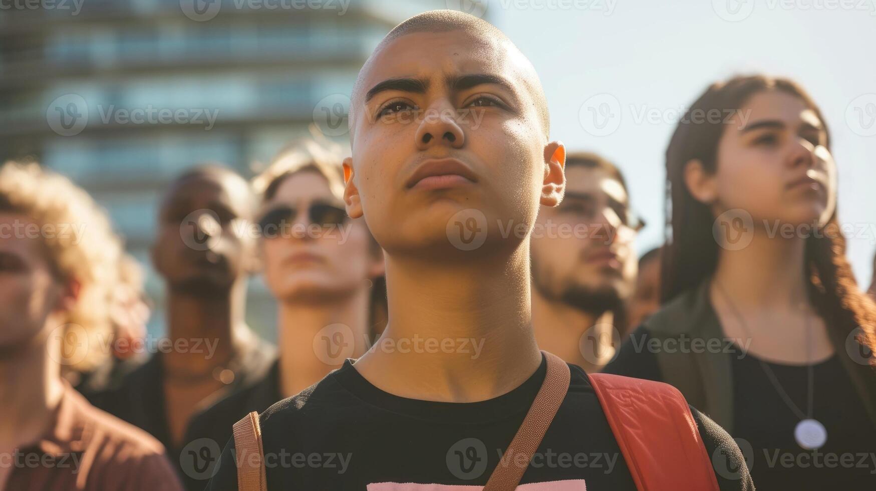 A young person of color with a shaved head and a Black Lives Matter tshirt standing with a group of friends at a rally for social justice photo