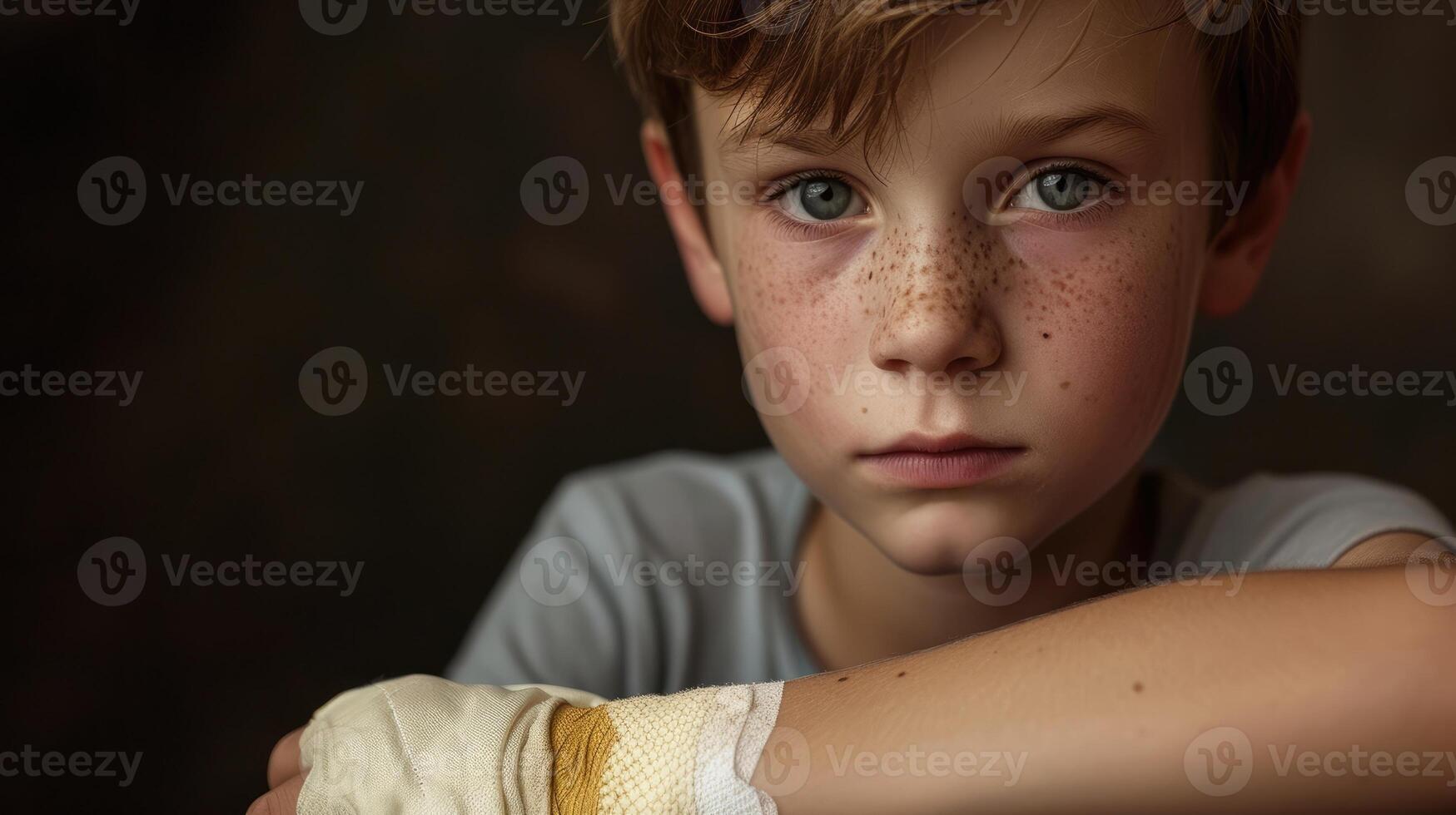 A young boy with a bandaged hand and a sad expression a victim of physical and emotional abuse photo
