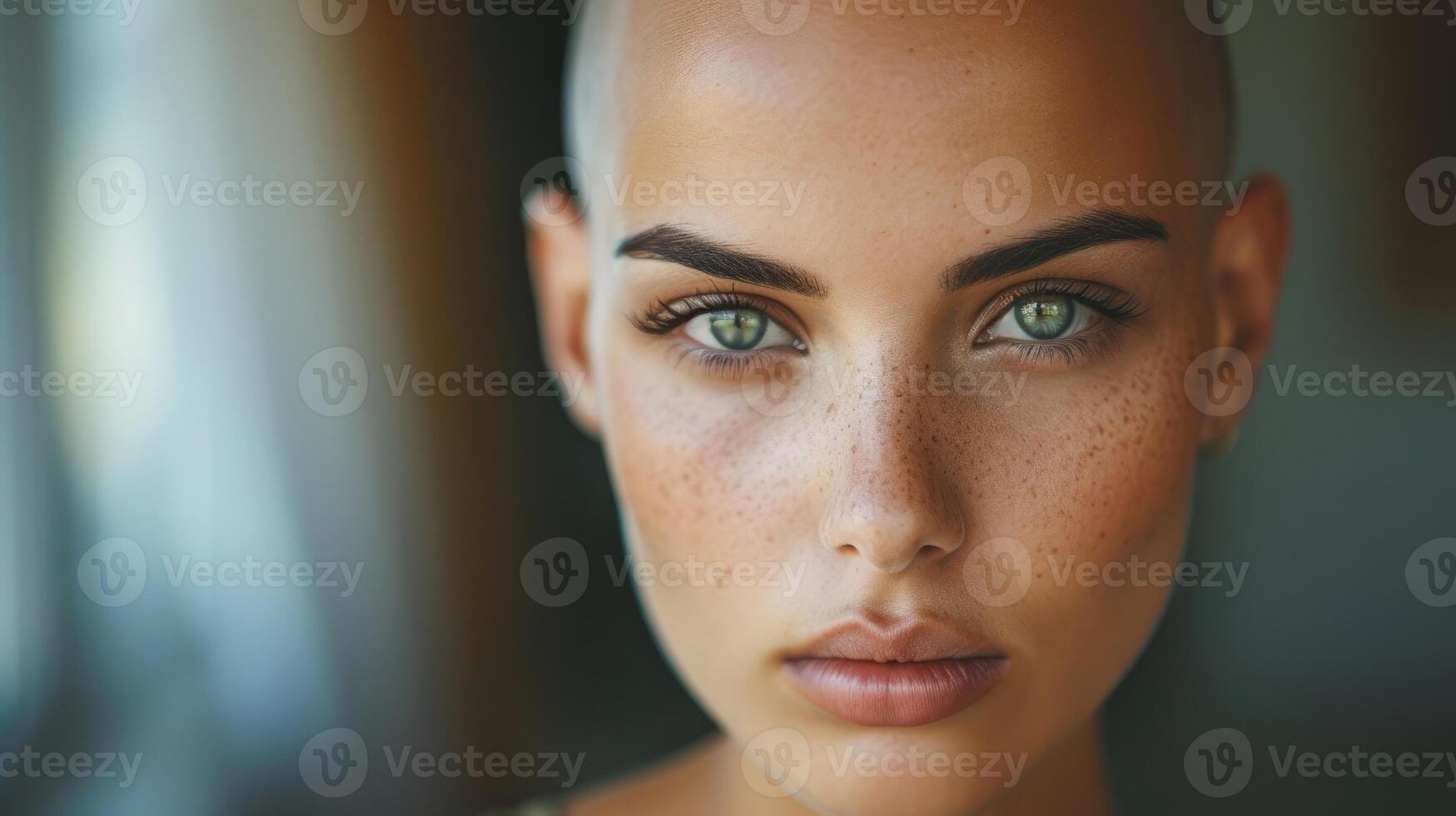 A woman with a shaved head her fierce eyes and determined expression showing the strength it takes to break societal norms and embrace ones true self photo