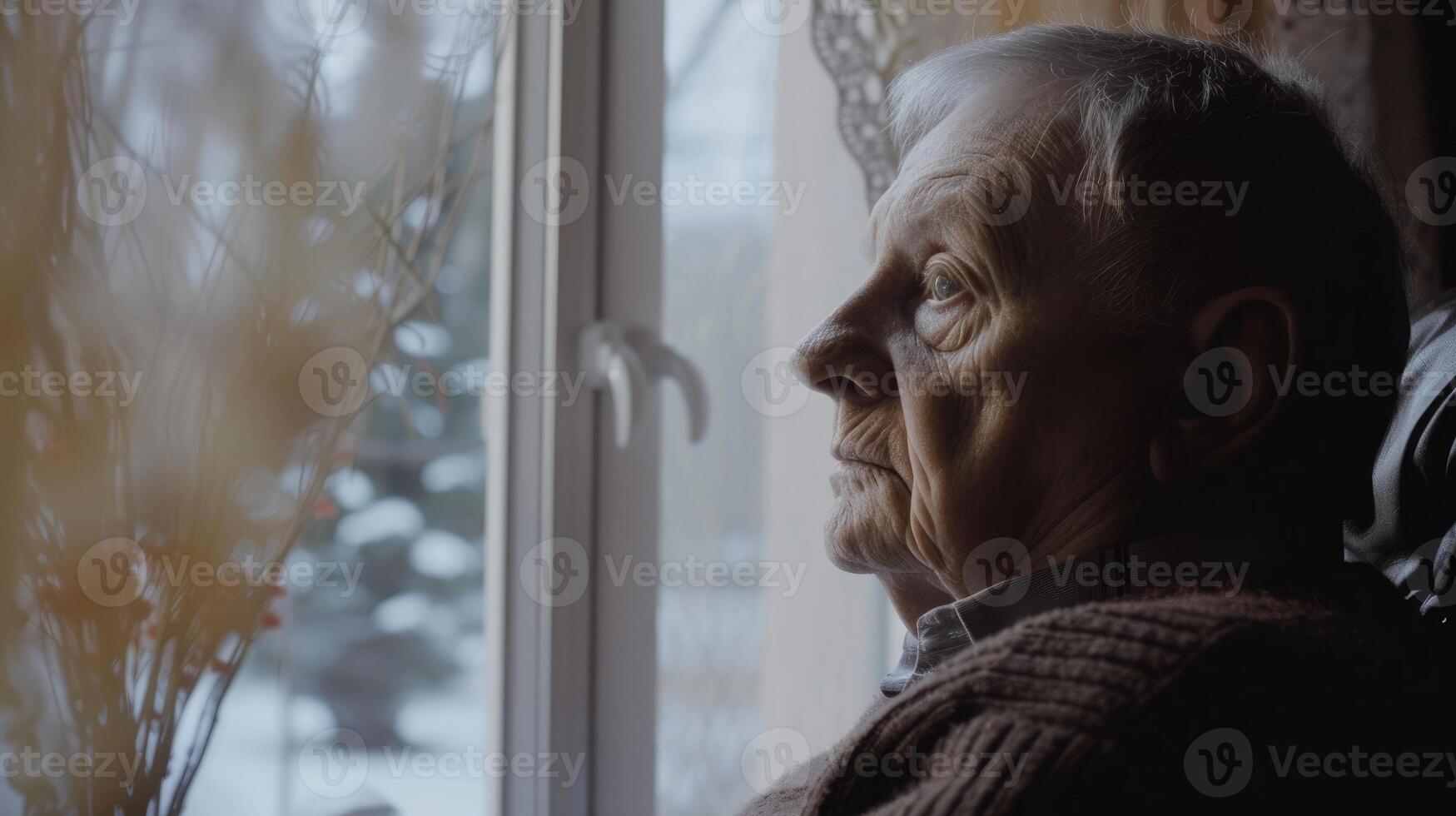 An elderly man with Alzheimers disease gazes out the window lost in his own world as he struggles to remember his surroundings photo
