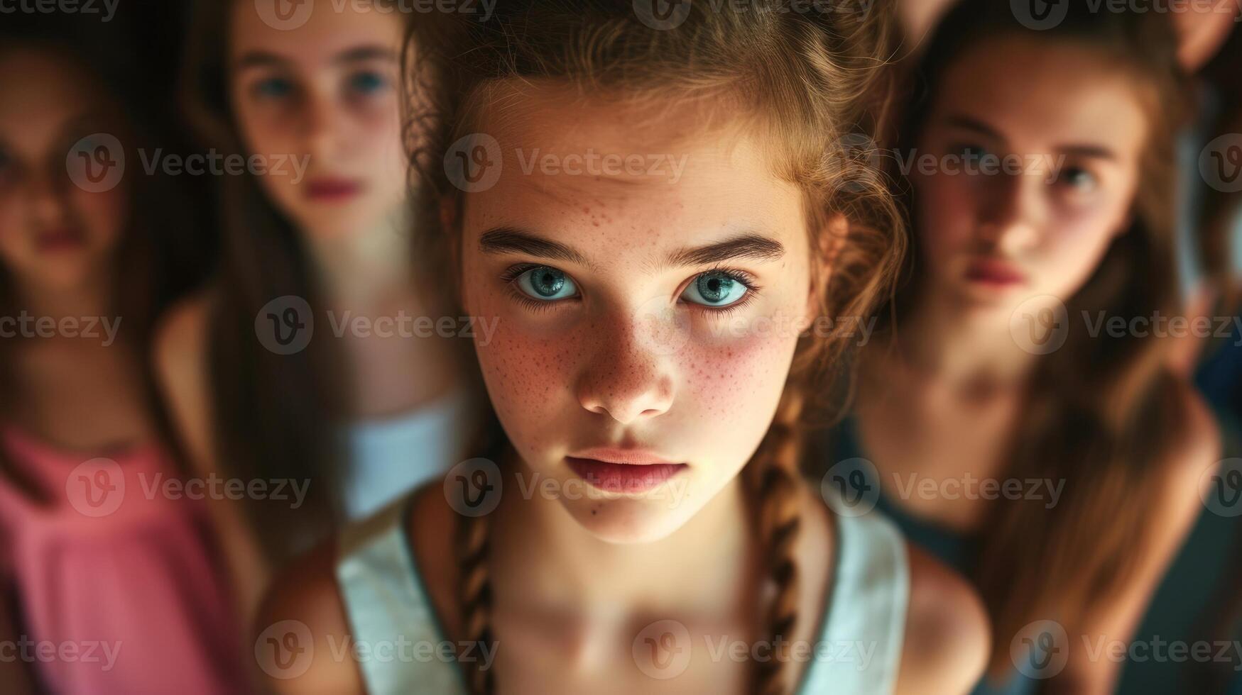 A teenage girl with a pressured look on her face as she stands in a circle of popular girls at school photo