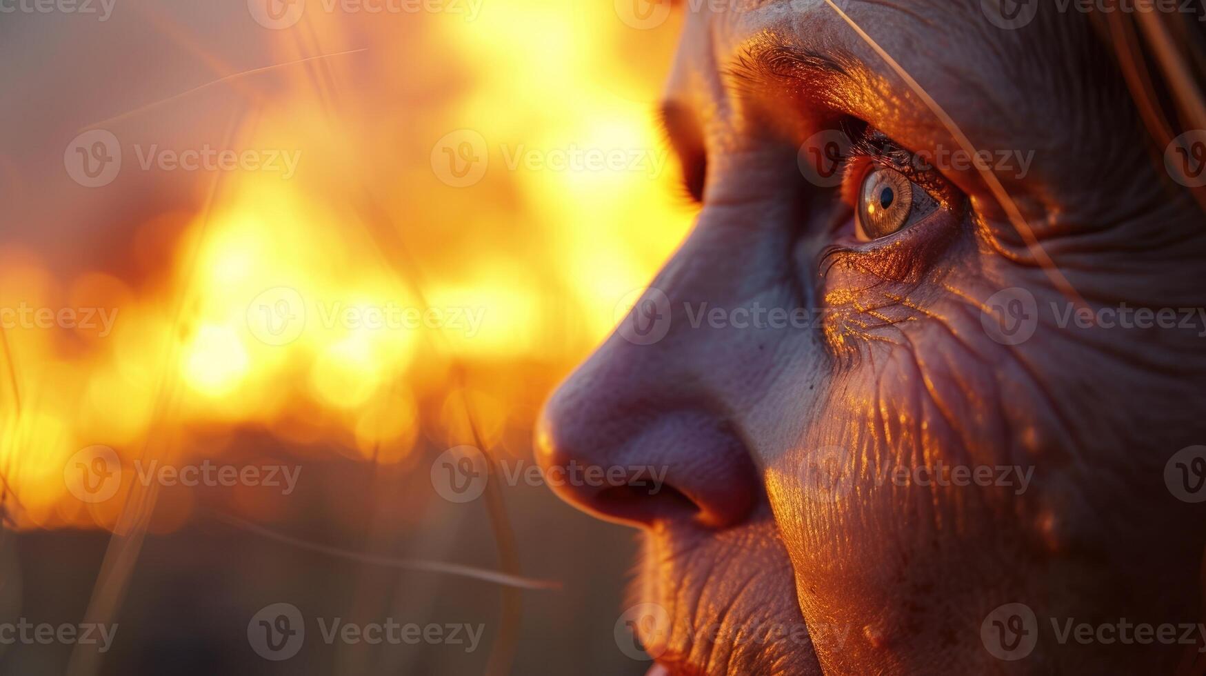 Closeup of a womans face her eyes reflecting the fire burning in the background a survivor of a wildfire photo