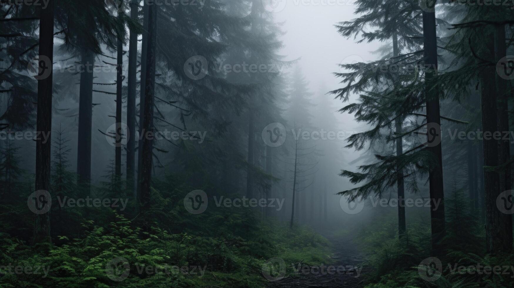 Enveloped in Fog The dense fog blankets the forest, obscuring the trees and creating an eerie sense of isolation. photo