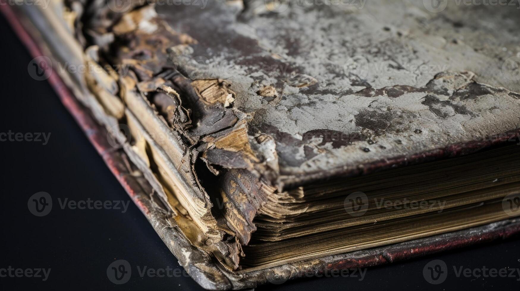 An upclose glimpse of a waterdamaged book, revealing warped covers and swollen pages, reflecting the motif of ruin and deterioration. photo