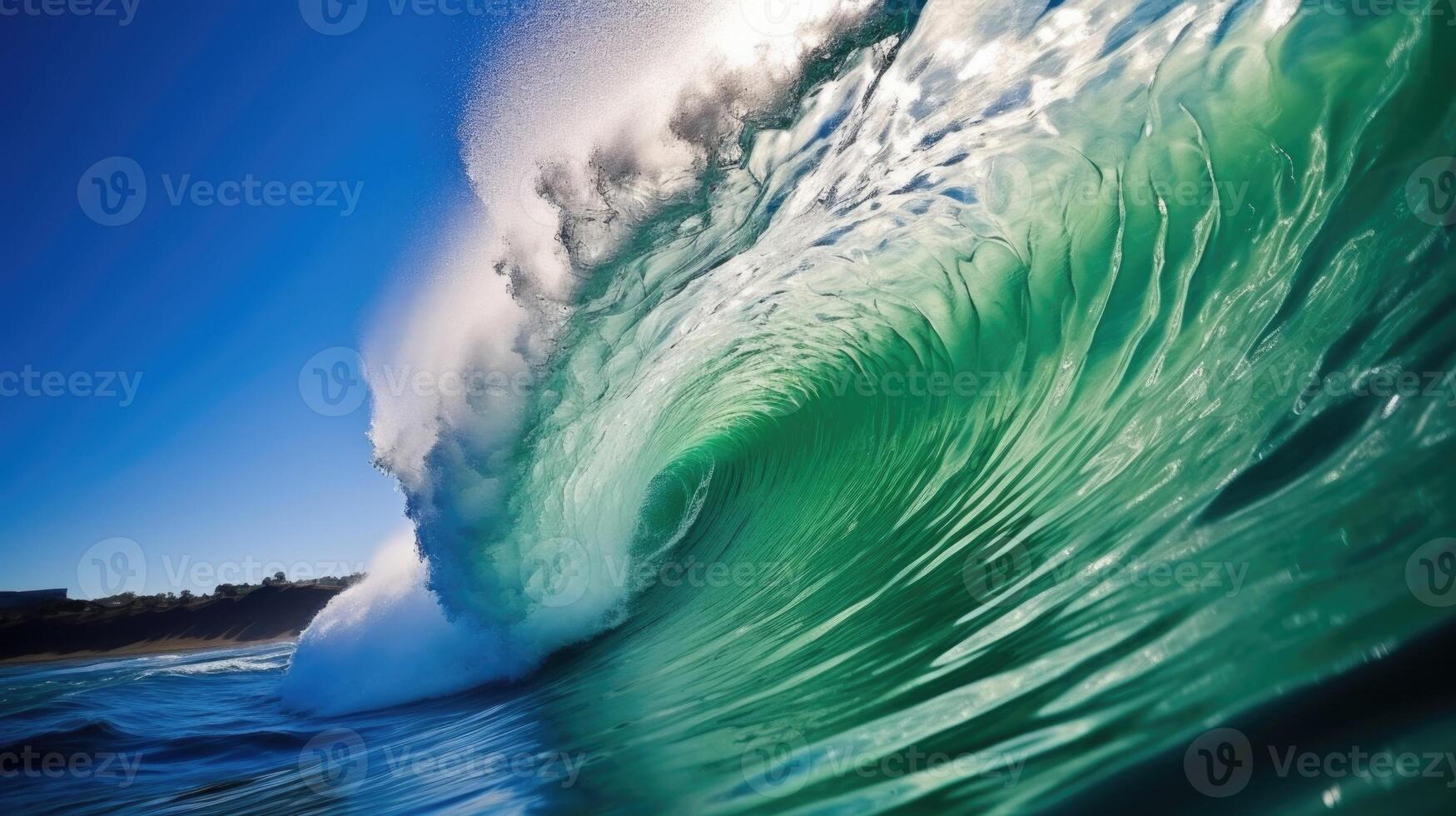 A macro shot of a tsunami wave cresting and crashing onto a shoreline, as the powerful force of the water is captured in the image. photo