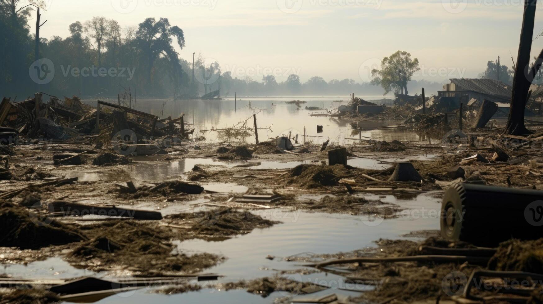 As the camera pans across the floodwater, we see a closeup of debris floating by, a poignant reminder of the destructive force of the flood. photo