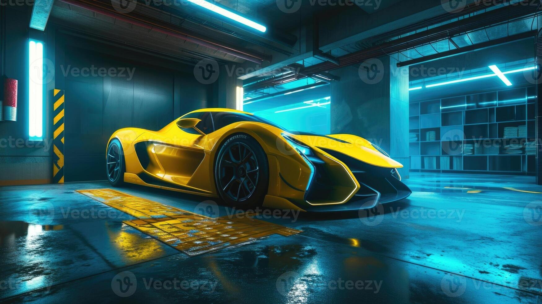 A neon yellow electric hypercar parked in a sleek and futuristic garage exuding modernity and sustainability with its bold color and electric technology photo