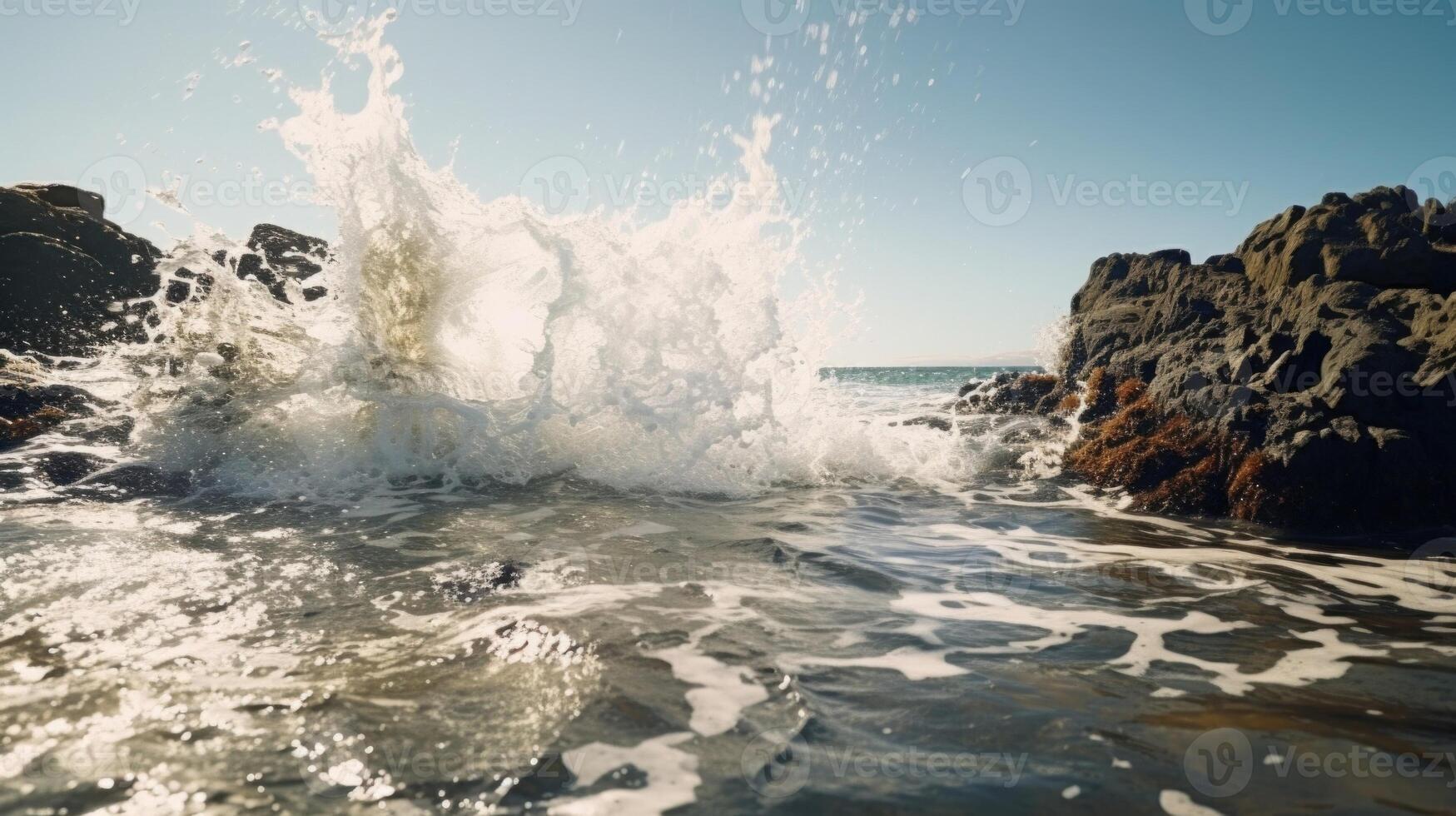A slowmotion of waves crashing against a halfsubmerged wall, leaving behind visible water level imprints as the tide recedes. photo