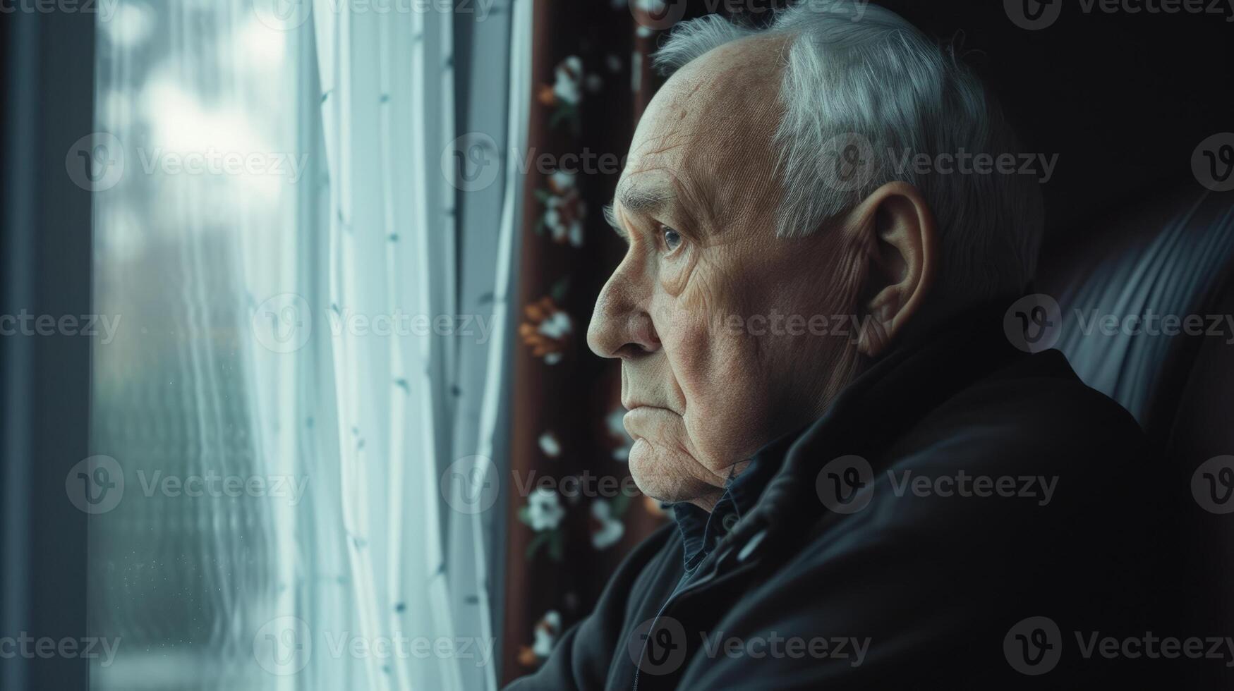 An older man sitting by the window his face in profile as he stares out at the world his thoughts consumed by the memories of his traumatic past photo