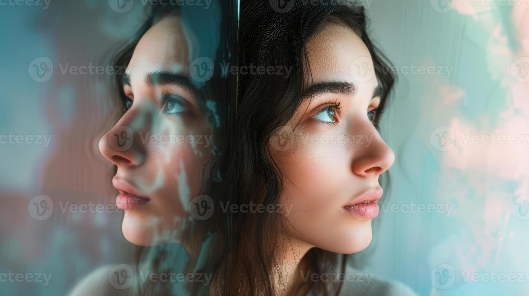 Closeup portrait of a young woman staring into a mirror her expression a mix of confusion and determination as she contemplates her own reflection photo